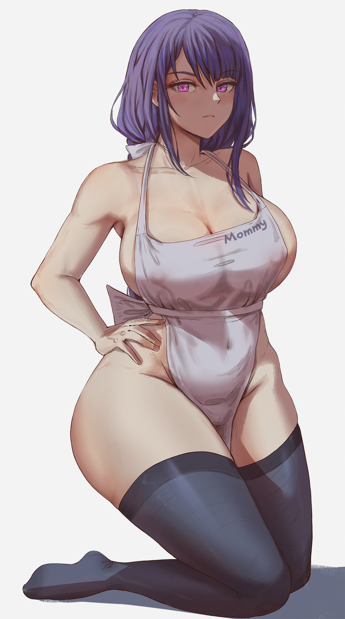1girls, alternate ass size, alternate body type, alternate breast size, apron, apron only, betahimeko, big breasts, black thighhighs, blush, breasts, cleavage, cutesexyrobutts (style), deep cleavage, female, female only, genshin impact, goddess, hair, hand on hip, hartman hips, hips, hourglass figure, huge breasts, large breasts, legwear, long hair, mature, mature female, mommy, mommy kink, naked apron, nipple bulge, nipples visible through clothing, purple eyes, purple hair, raiden shogun, slim thick, slim waist, solo, solo female, thick thighs, thighhighs, thighs, thunder thighs, thunderthighs, white apron, wide hips