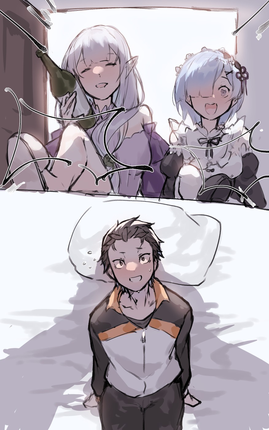 1boy, 2futas, angeru (pixiv9562919), before sex, black hair, clothed, clothing, dickgirl, dickgirl/male, emilia (re:zero), fully clothed, futa on male, futadom, futanari, imminent rape, intersex, kicking, light skin, light-skinned futa, light-skinned male, male, multiple futa, natsuki subaru, re:zero kara hajimeru isekai seikatsu, rem (re:zero), short hair, sitting, standing, submissive male