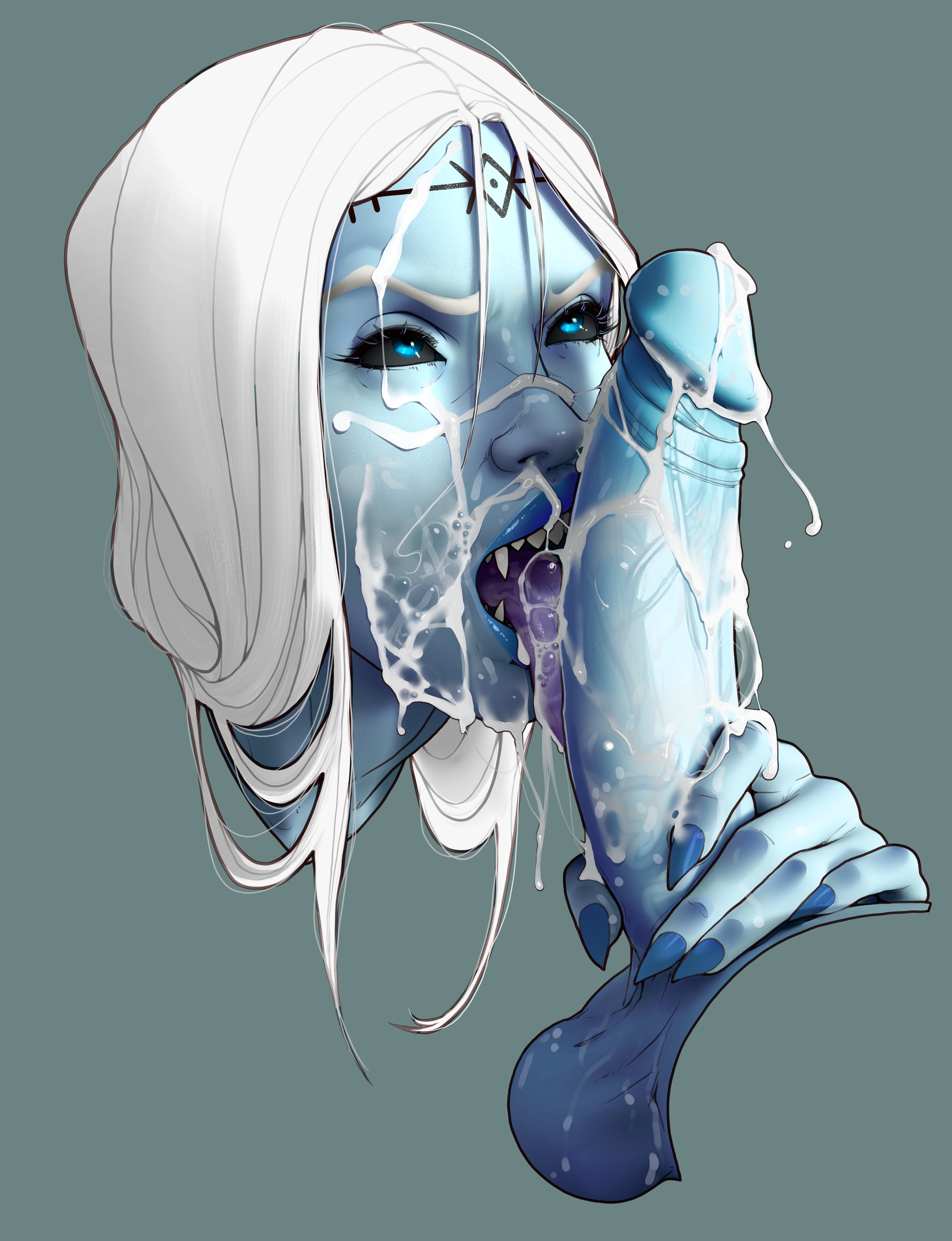 1girls, balls, black sclera, blue skin, close-up, cum, female, galaad1800, licking, long hair, male, oral, penis, penis grab, portrait, sex, sharp teeth, slobber on penis, unseen male face, white hair