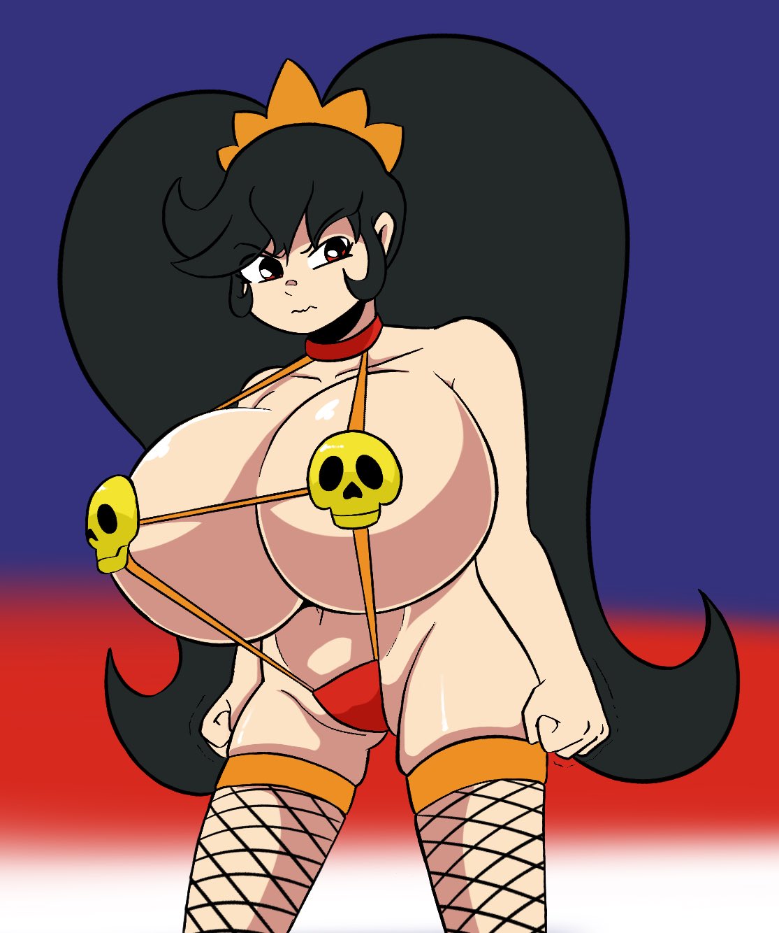 1girls alternate_breast_size alternate_costume angry ashley_(warioware) black_hair clenched_hands fishnets headband huge_breasts kingmelon mario_(series) red_eyes skull sling_bikini tagme twintails warioware