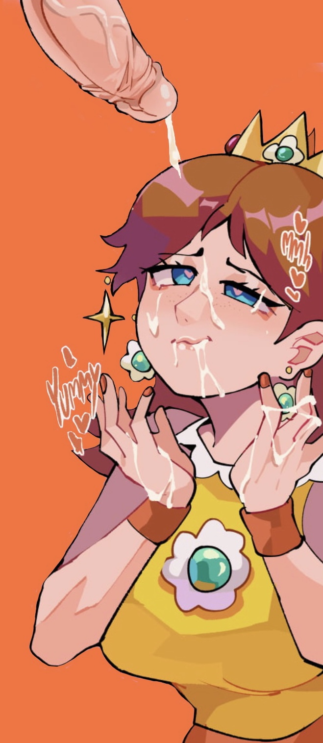 1boy, 1girls, cock, cum, cum on face, cum on hands, cumshot, dick, diforland, edit, female, looking at penis, male, mario (series), mario tennis, nintendo, penis, princess, princess daisy