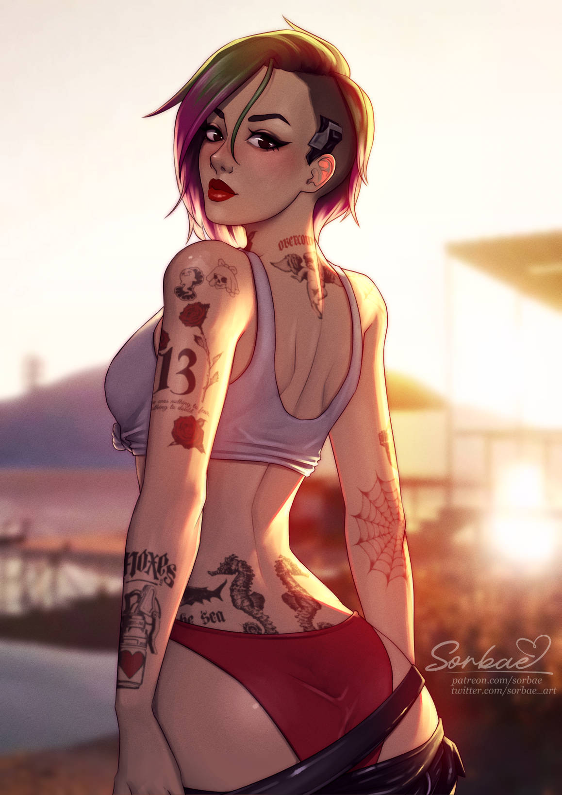 1girls cyberpunk_2077 dyed_hair female female_only judy_alvarez panties snaexist solo sorbae sunset tattoo tattoos underwear