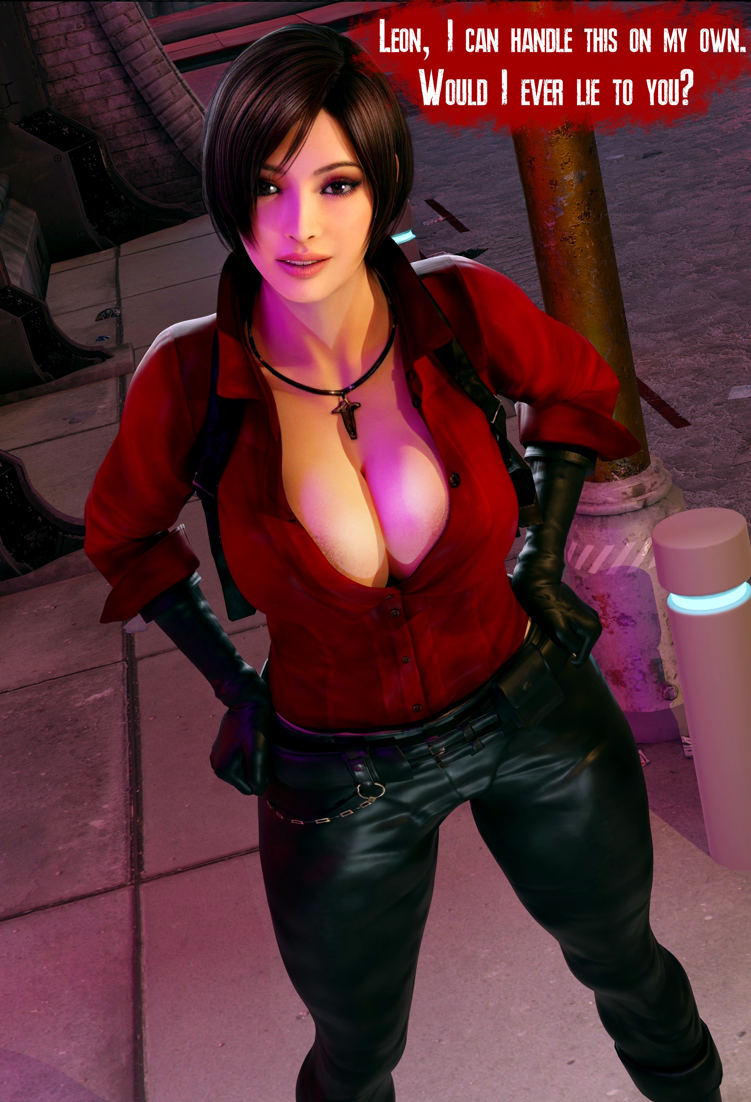1girls, 3d, ada wong, asian, asian female, biohazard, black gloves, breasts, busty, capcom, dialogue, female, female focus, female only, gloves, hourglass figure, leather gloves, leather pants, resident evil, resident evil 6, sekaithereturn, solo, tagme, text, wide hips