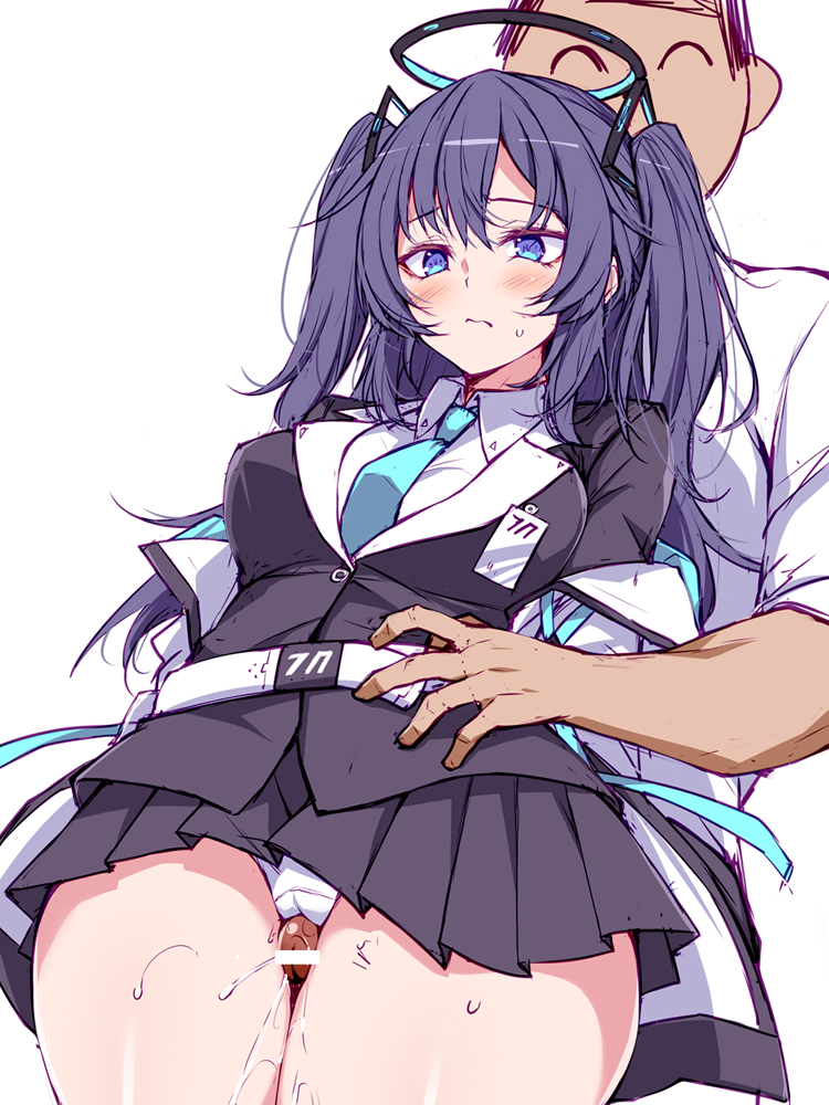 1boy bar_censor blue_archive blue_eyes blush breasts censored cowboy_shot doodle_sensei_(blue_archive) female grinding halo jacket long_hair looking_at_another medium_breasts millennium_science_school_logo_(blue_archive) millennium_science_school_student necktie open_clothes panties parted_bangs penis purple_eyes purple_hair seminar_(blue_archive) sensei_(blue_archive) shirt skirt standing suterii sweatdrop thigh_sex two_side_up underwear wavy_mouth white_background white_panties white_shirt yuuka_(blue_archive)