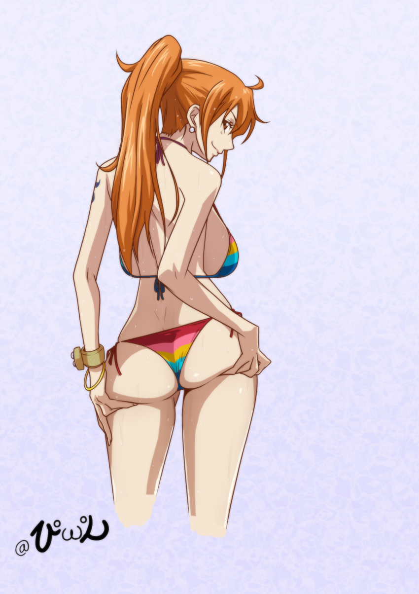 1girls ass ass_support back backboob bikini female female_only kyabakurabakufu long_hair looking_at_viewer looking_back nami one_piece one_piece_film_z orange_hair ponytail post-timeskip rainbow_bikini smile swimsuit