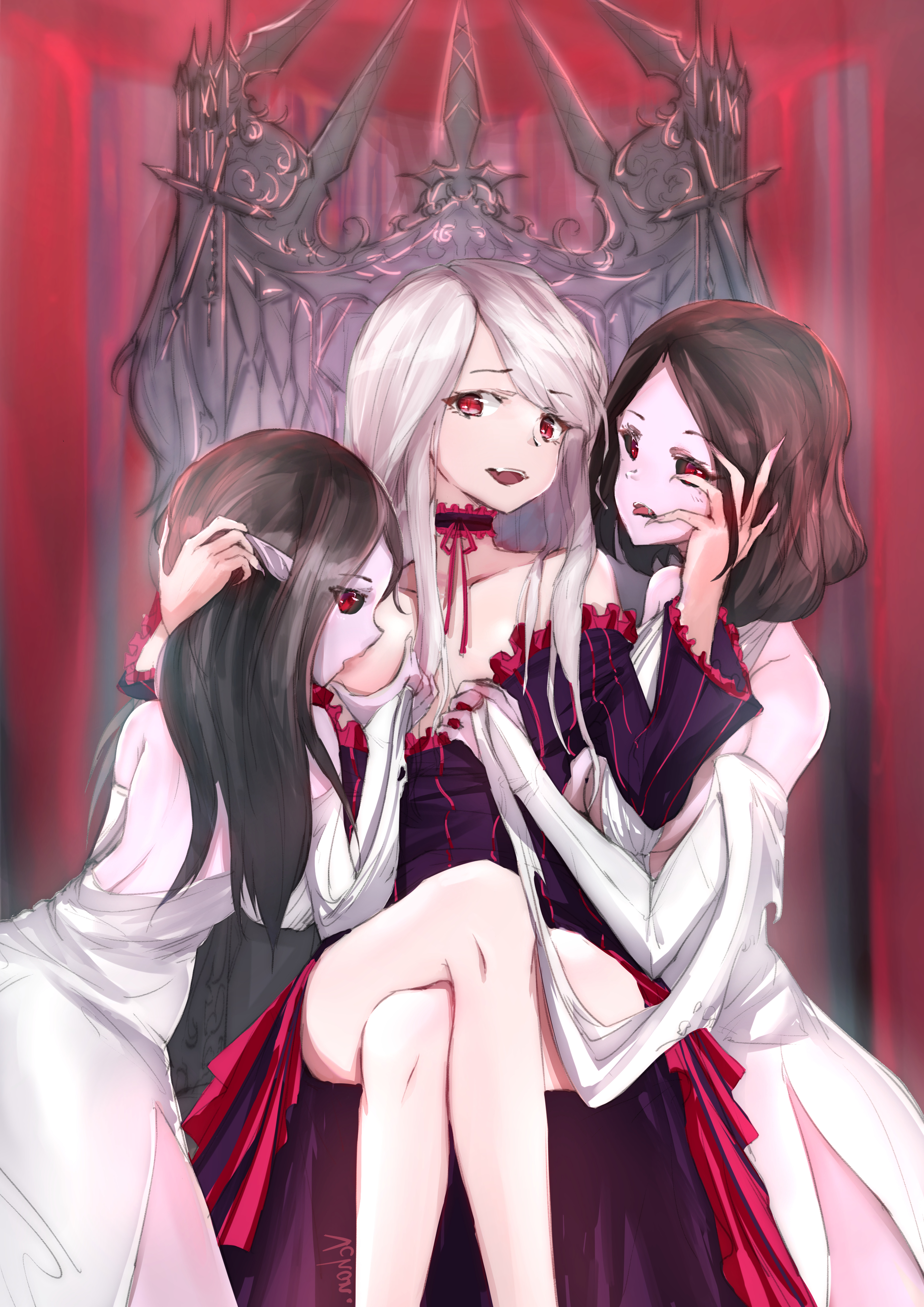 black hair, breast sucking, breasts, crossed legs, dress, female, looking at viewer, open mouth, overlord (maruyama), pale skin, pink skin, red eyes, shalltear bloodfallen, sitting, sitting on throne, tagme, throne, vampire, vampire bride (overlord), vchan, waifu2x, white dress, white hair, yuri