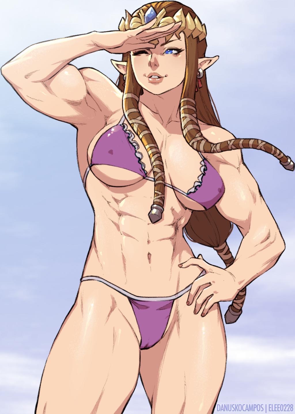 abs biceps blue_eyes braided_hair brunette_hair cameltoe danusko elee0228 female gold_(metal) hand_on_forehead hand_on_hip hylian hylian_ears lace_trim looking_away_from_viewer medium_breasts muscles muscular muscular_female princess_zelda purple_bikini silver_earrings the_legend_of_zelda twilight_princess zelda_(twilight_princess)