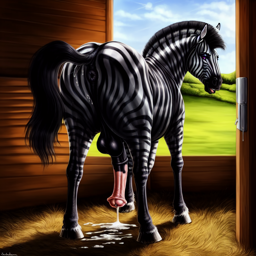1boy, 4chan, after orgasm, ai generated, animal genitalia, anonymous artist, anus, ass, backsack, balls, ballsack, barn, cum, cum puddle, equid, equine, equine genitalia, equine penis, erection, feral, flared penis, furry, hooves, horsecock, looking at viewer, looking back, male, male only, mammal, orgasm, penis, solo, stable diffusion, striped body, stripes, tagme, zebra, zebroid