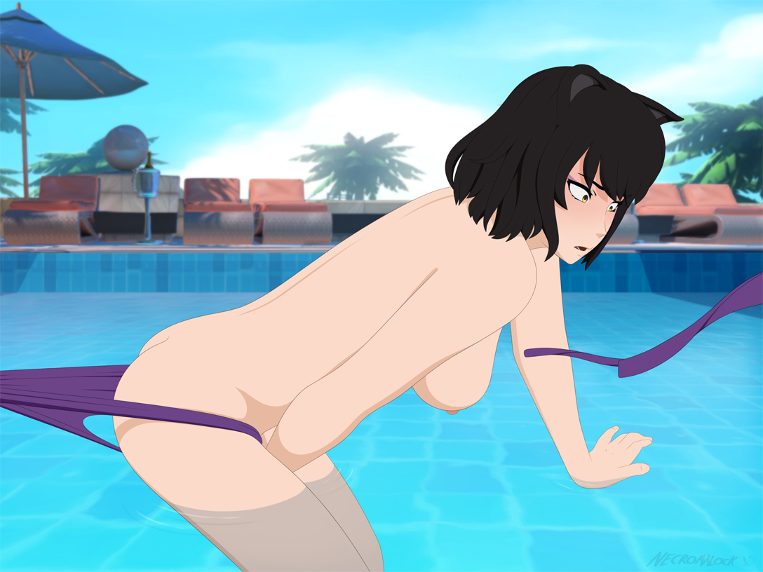 1girls, ass, black hair, blake belladonna, breasts, cat ears, cat girl, catgirl, embarrassed, embarrassed nude female, enf, female, necromalock, outdoors, pants pull, partially submerged, pool, rwby, surprised, swimsuit, topless, water, worried, yellow eyes