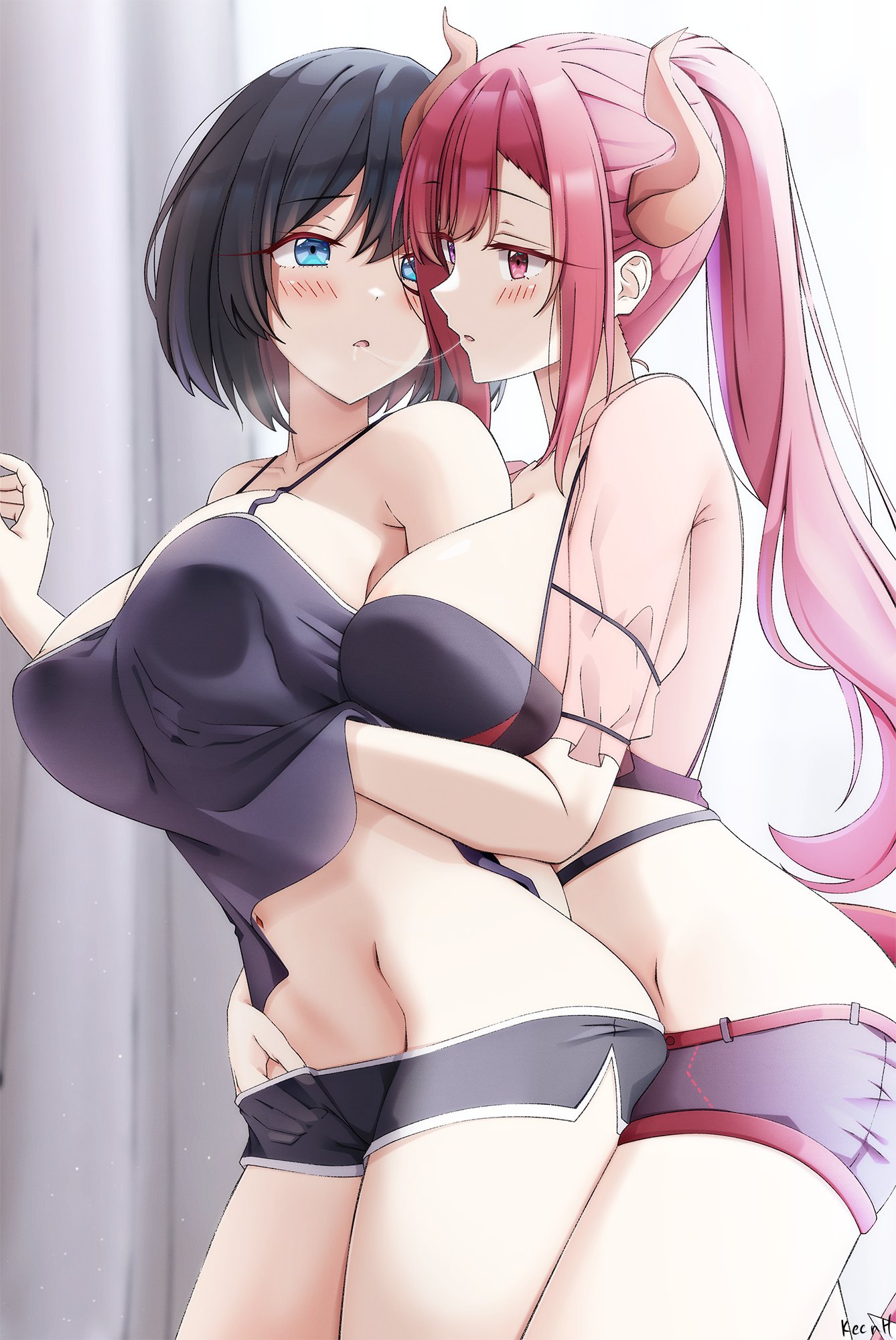 2022, 2girls, absurd res, after kiss, arm between breasts, artist name, bare shoulders, between breasts, black camisole, black hair, black shorts, blue eyes, blush, breast grab, breast press, breasts, camisole, clothing, demon, demon girl, demon horns, dolphin shorts, female, female only, hand on crotch, hand under clothes, heavy breathing, highres, horns, indoors, keenh, light skin, light-skinned female, long hair, long ponytail, looking at another, matching hair/eyes, micro shorts, multiple females, multiple girls, open mouth, original, pink eyes, pink hair, ponytail, saliva, saliva string, short hair, short shorts, shorts, signature, spaghetti strap, standing, tied hair, tongue, very long hair, yuri