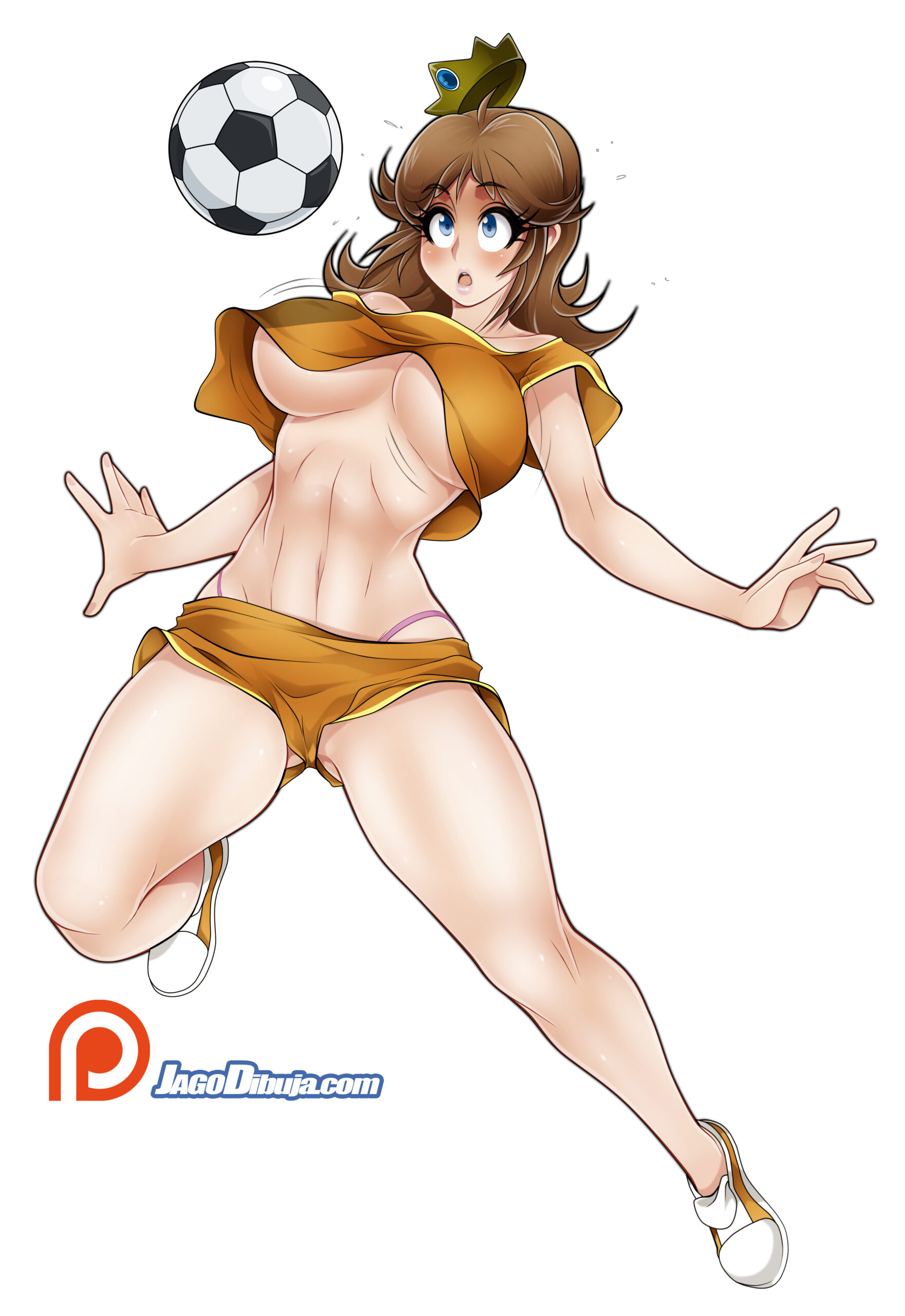 1girls, athletic, athletic female, blue eyes, bouncing breasts, braless, breasts, brown hair, crop top, female, female only, full body, gym shorts, gym uniform, jago dibuja, jpeg, large breasts, long hair, mario (series), nintendo, princess daisy, royalty, short shorts, shorts, simple background, solo, thong above shorts, thong straps, underboob, voluptuous, white background