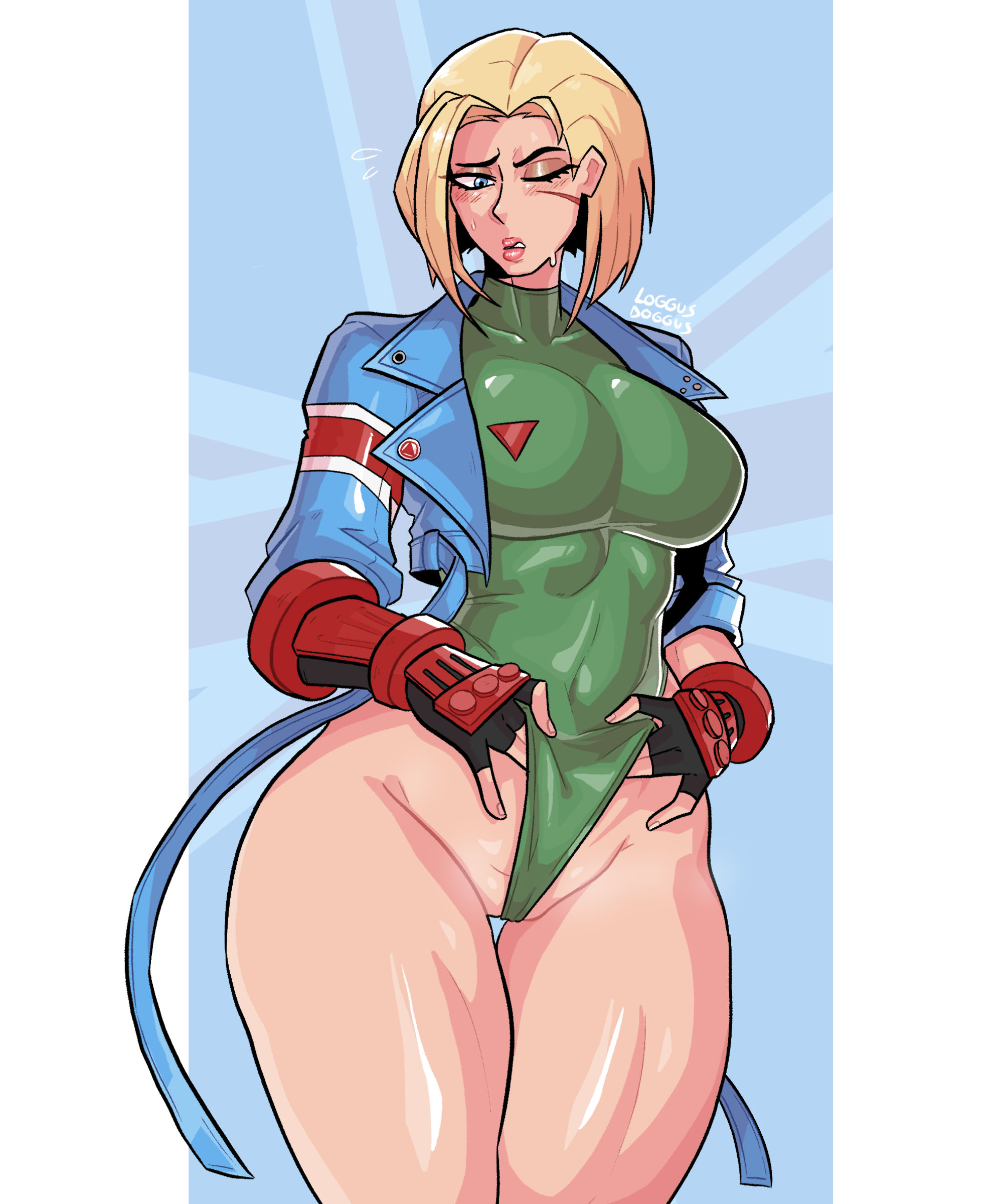 1girls, blonde hair, cammy white, female, female only, jacket, leather jacket, leotard, leotard pull, loggus doggus, scar, short hair, solo, steam, steaming body, street fighter, street fighter 6, sweat, sweatdrop, toned, toned female, wedgie