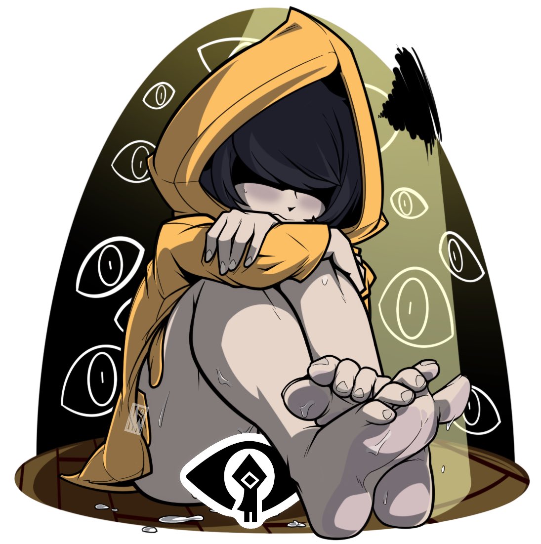 aged up, barefoot, bottomless, censored, coat, dark hair, feet, female, female only, foot fetish, hair covering eyes, little nightmares, outerwear, pale skin, raincoat, short hair, six (little nightmares), tomboy, wet, yellow raincoat
