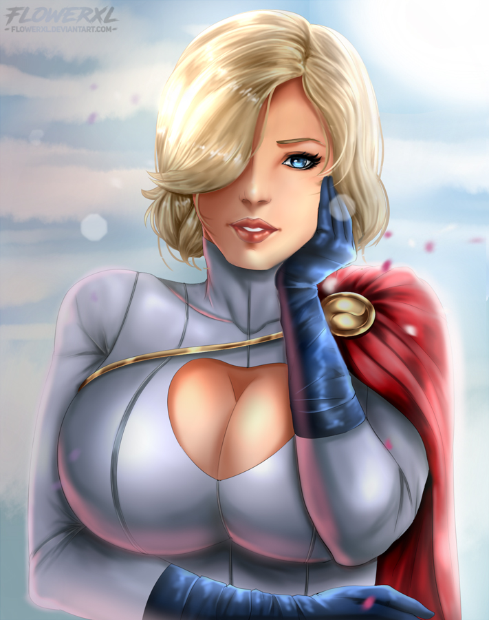 1girls, artist logo, big breasts, blonde, blonde female, blonde hair, blue eyes, breasts, busty, cape, cleavage, dc, dc comics, female, female only, flowerxl, fully clothed, hair over one eye, hand on face, huge breasts, large breasts, light skin, light-skinned female, looking at viewer, pale skin, pale-skinned female, power girl, short hair, sky background, solo, superhero costume, superheroine, superman (series)