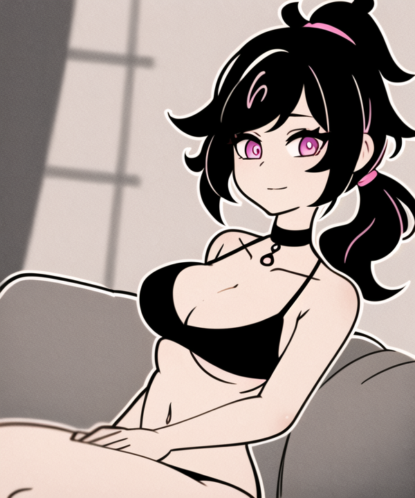 1girls, ai generated, ashley graves, bare shoulders, bikini, black bikini, black hair, breasts, choker, couch, female, female only, large breasts, long hair, looking at viewer, midriff, navel, pink eyes, ponytail, sitting, smile, solo female, the coffin of andy and leyley