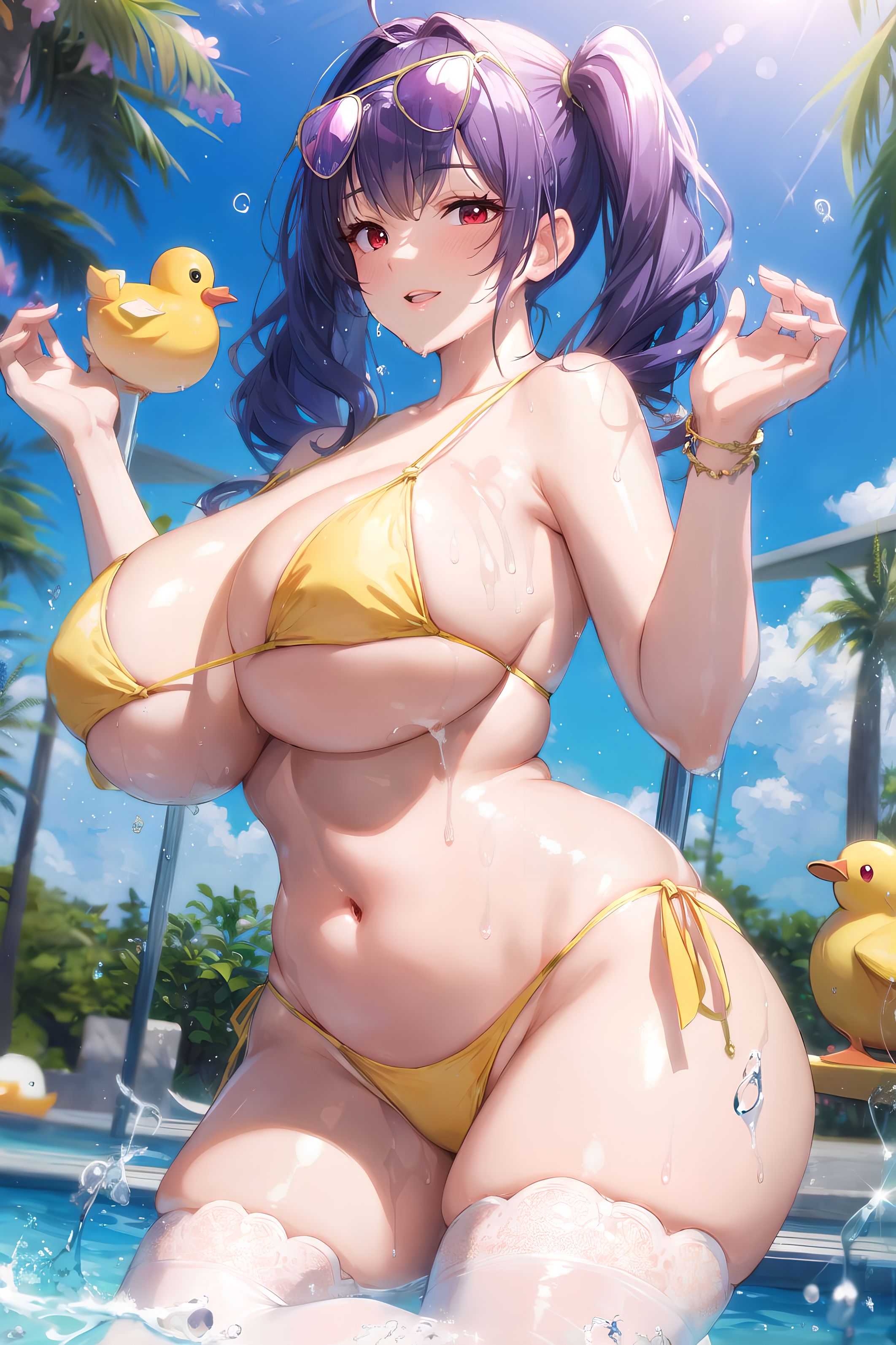 ai generated, azur lane, breasts, curvaceous, curvy female, curvy figure, female, female focus, female only, golden bikini, hi res, huge breasts, long hair, mommy, pola (azur lane), stable diffusion, twintails, voluptuous, voluptuous female