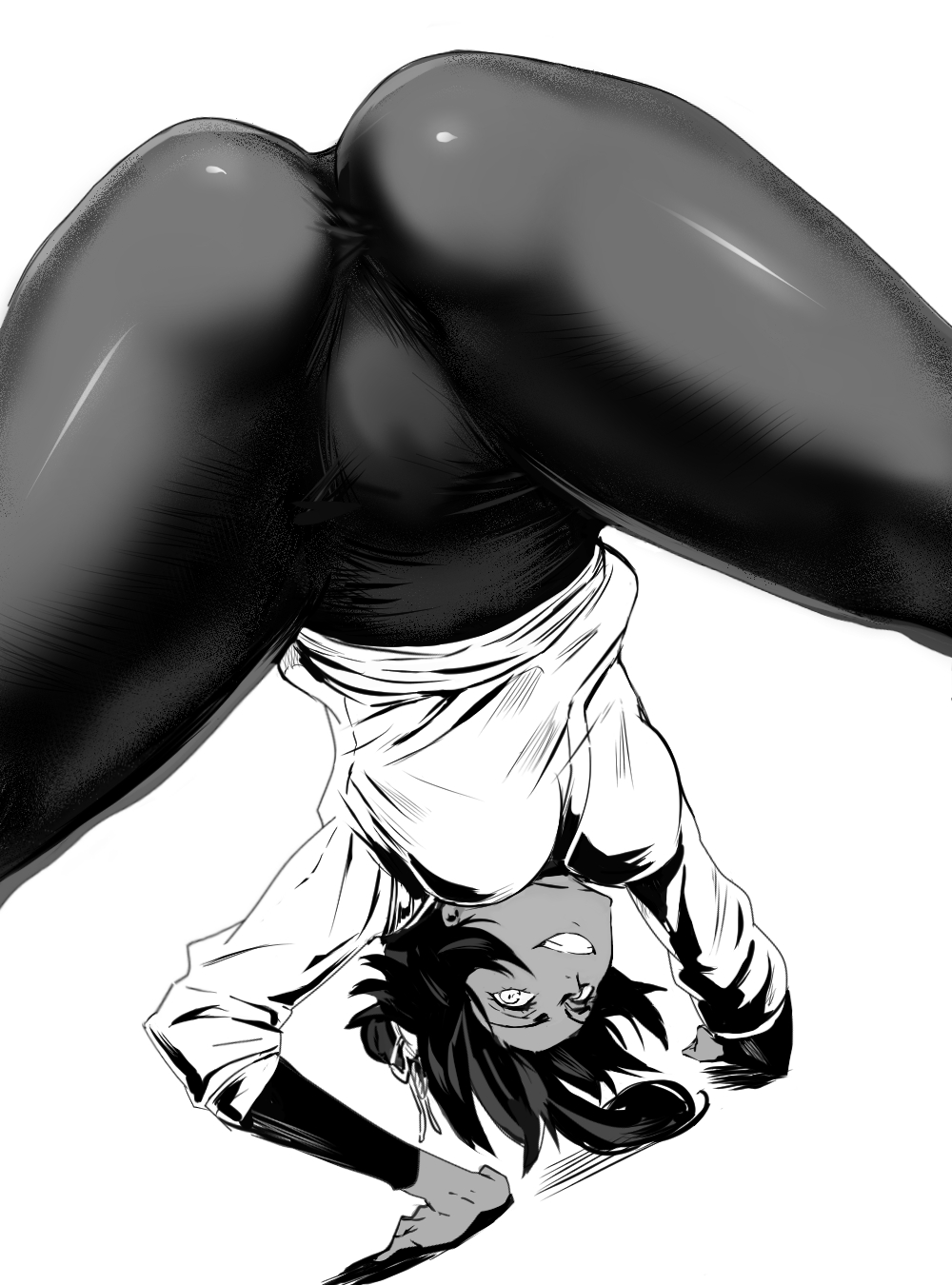 1girls all_fours anus arm_support ass bent_over bleach daraz18aka dark-skinned_female dark_skin female flexible greyscale highres leggings long_hair looking_at_viewer looking_through_legs monochrome parted_lips ponytail shihouin_yoruichi smile solo spread_legs stretching sweater top-down_bottom-up upside-down white_background