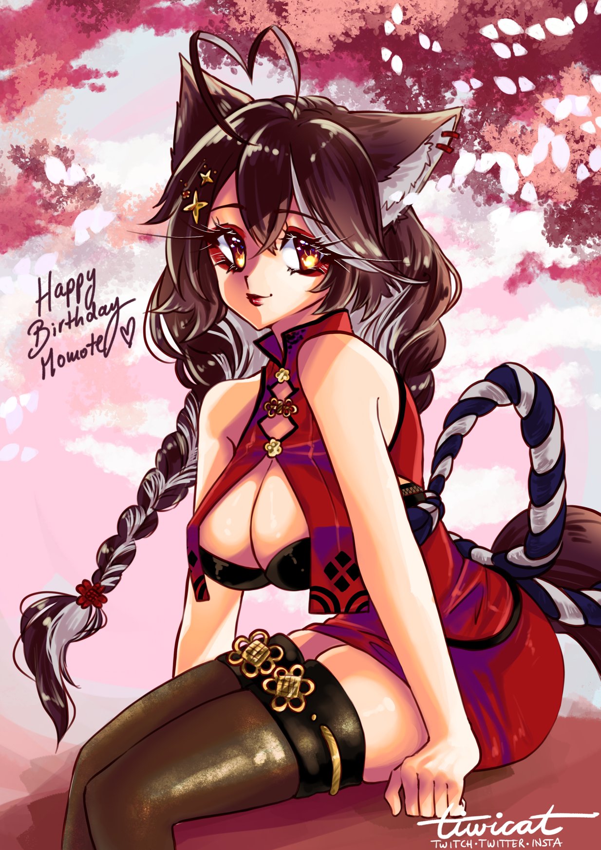 1girl ahoge animal_ears artist_name bare_shoulders black_legwear braid breasts brown_eyes brown_hair brown_legwear cat_ears cat_tail cherry_blossoms china_dress chinese_clothes cleavage cleavage_cutout dated dress female hair_ornament large_breasts long_hair looking_at_viewer momotexx_(vtuber) new_year orange_eyes red_dress red_eyes side_slit sitting sleeveless sleeveless_dress smile solo tail thighhighs twin_braids virtual_youtuber vyugen wolf_ears wolf_girl wolf_tail