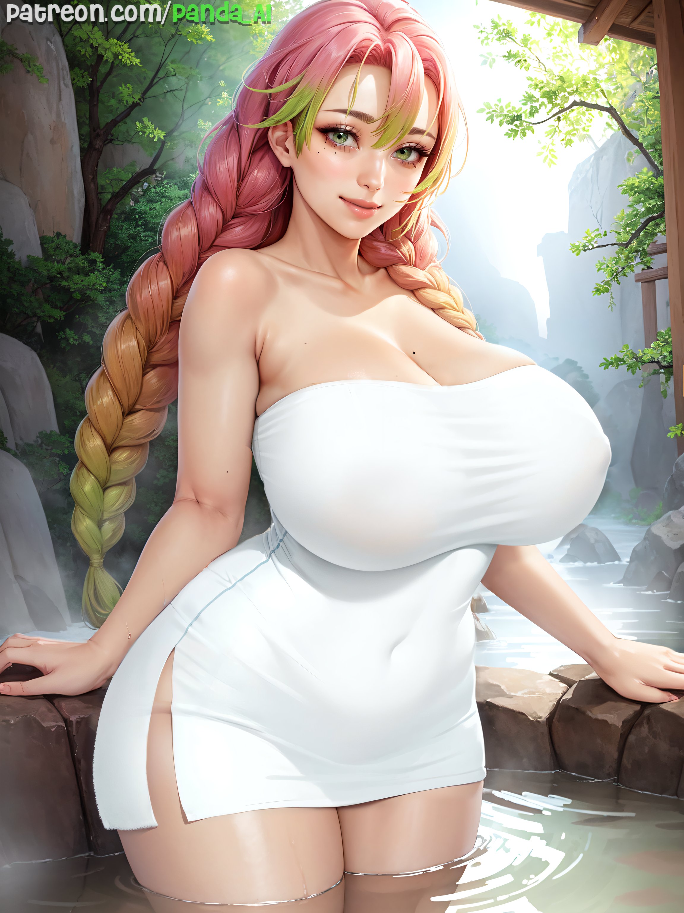 1girls, ai generated, blush, breasts, cleavage, demon slayer, female, green eyes, green hair, hi res, hips, hot spring, huge breasts, kanroji mitsuri, kimetsu no yaiba, large breasts, light skin, light-skinned female, long hair, looking at viewer, mommy, naughty face, onsen, panda ai, panda-ai, pink hair, smile, solo, stable diffusion, thick thighs, thighs, towel, towel only, two-tone hair, wide hips