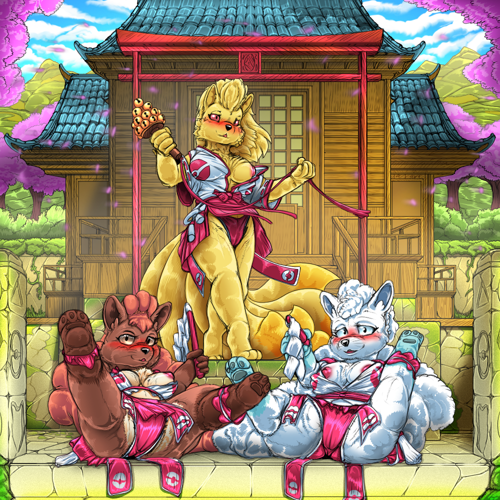 1:1 alolan_form alolan_vulpix anthro areola asian_clothing ass blue_eyes blush breasts building camel_toe canid canine canis cherry_blossom clothed clothing cloud detailed_background east_asian_clothing exposed_breasts feet female fox fur generation_1_pokemon grass group hair japanese_clothing kagura_suzu kitsune_youkai legwear logo looking_at_viewer mammal miko_outfit mountain multi_tail ninetales nintendo nipples outside panties pawpads paws plant pokeball pokemon pokemon_(species) regional_form_(pokemon) rooftop shide shrine shrine_maiden sky sliding_door smile spread_legs spreading stone_floor stone_wall tail tile toes topwear torii tree trio underwear vines vulpix wall_(structure) white_body white_fur wood_floor wood_wall