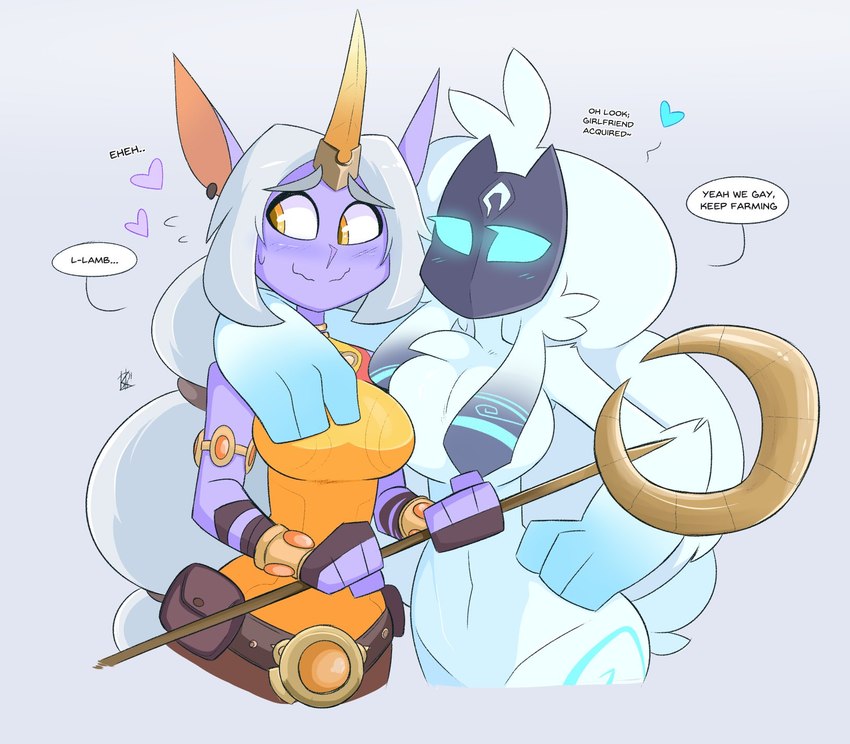 2girls, anthro, big breasts, blush, blushing, breasts, caprine, dialogue, dress, duo, ear piercing, earrings, english text, female, female only, fur, heart, horn, horned humanoid, kilinah, kindred, lamb (league of legends), large breasts, league of legends, long ears, long hair, looking away, mask, masked female, nervous, nervous smile, pointy ears, ponytail, purple body, purple skin, riot games, soraka, speech bubble, staff, sweatdrop, tagme, text, thick thighs, weapon, white fur, white hair, wide hips, yellow eyes