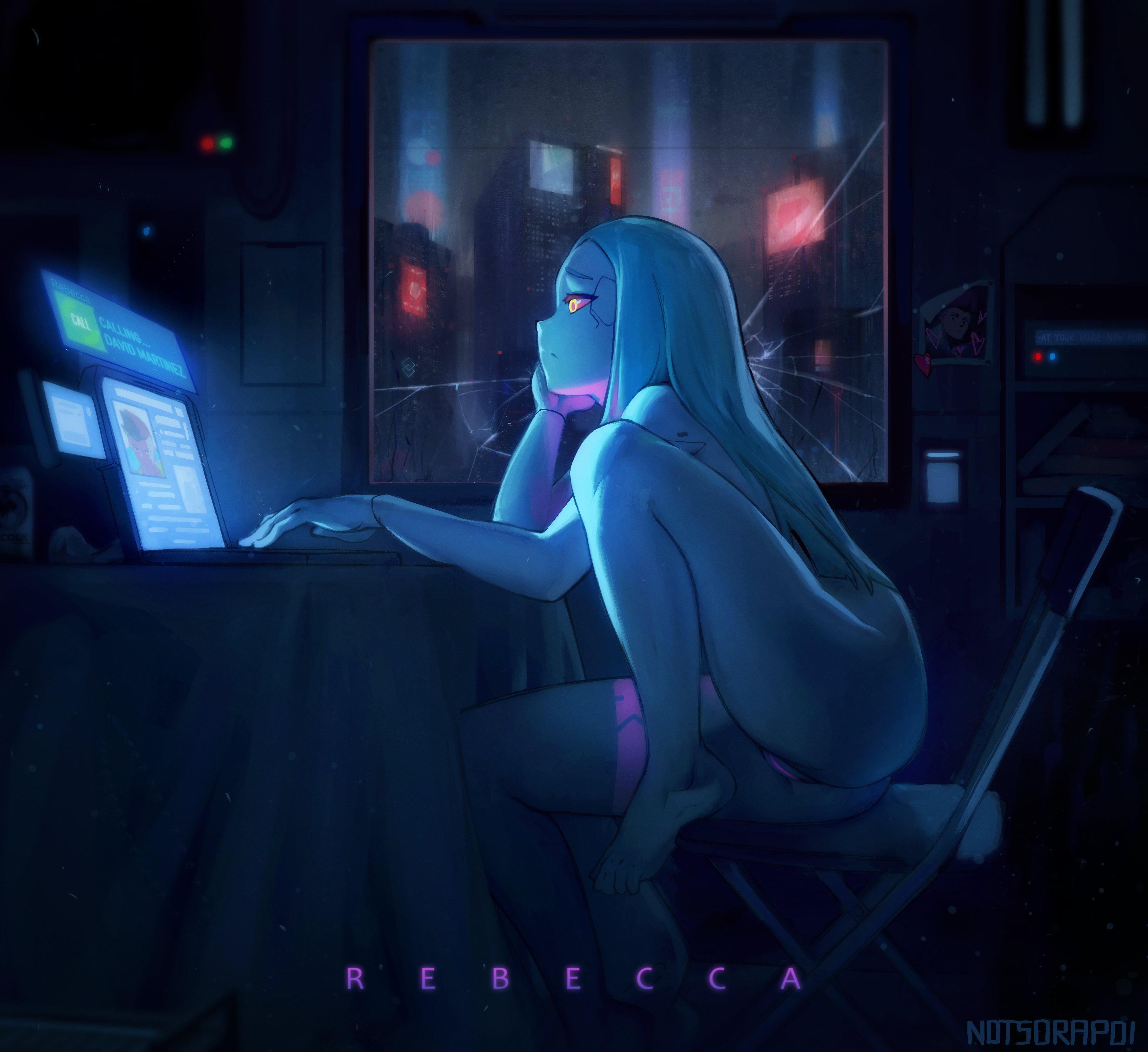1girls, casual, completely nude, computer, cyberpunk: edgerunners, electronics, female, female only, human, laptop, light skin, light-skinned female, nonsexual, nonsexual nudity, notsorapoi, nude, nude female, nudist, pale skin, pale-skinned female, pussy, rebecca (edgerunners), sitting, solo