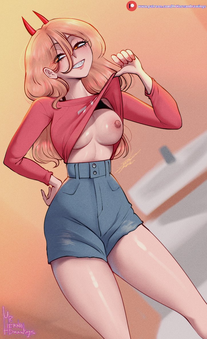 1girls, breasts, breasts out, chainsaw man, exposed breasts, female, hand on hip, horns, mrhernandrawings, nipples, power (chainsaw man), shirt lift, smile