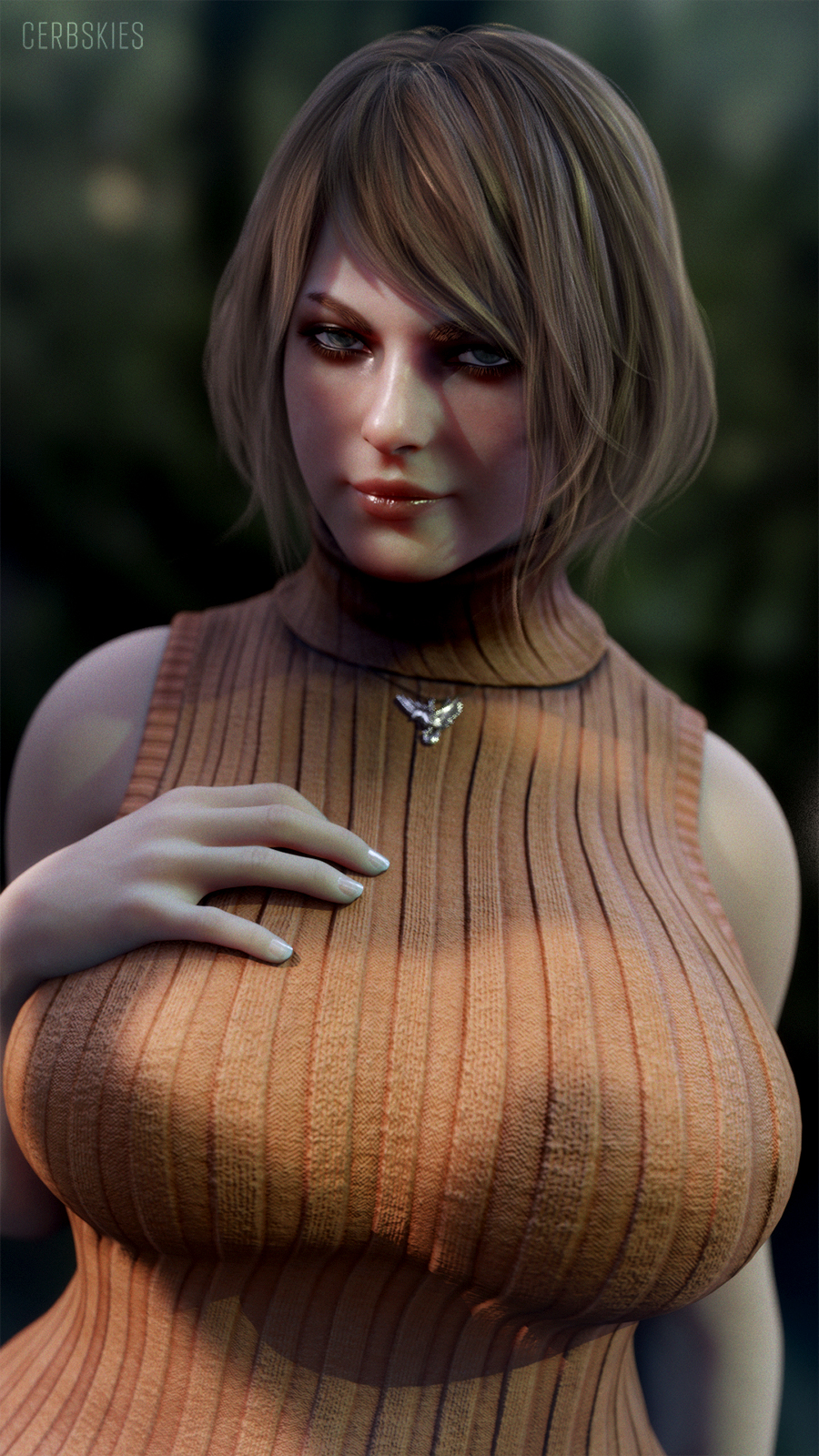 1girls 3d ashley_graham ashley_graham_(ella_freya) big_breasts blonde_hair capcom cerbskies female looking_at_viewer resident_evil resident_evil_4 resident_evil_4_remake seductive_look solo sweater