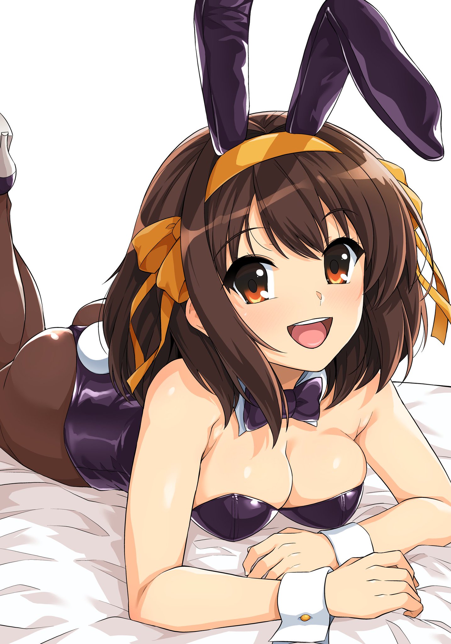 ass, breasts, brown eyes, brown hair, bunny costume, bunny ears, bunny girl, bunny tail, bunnysuit, clothing, female, haruhisky, lying, lying on bed, medium breasts, smile, suzumiya haruhi, suzumiya haruhi no yuuutsu