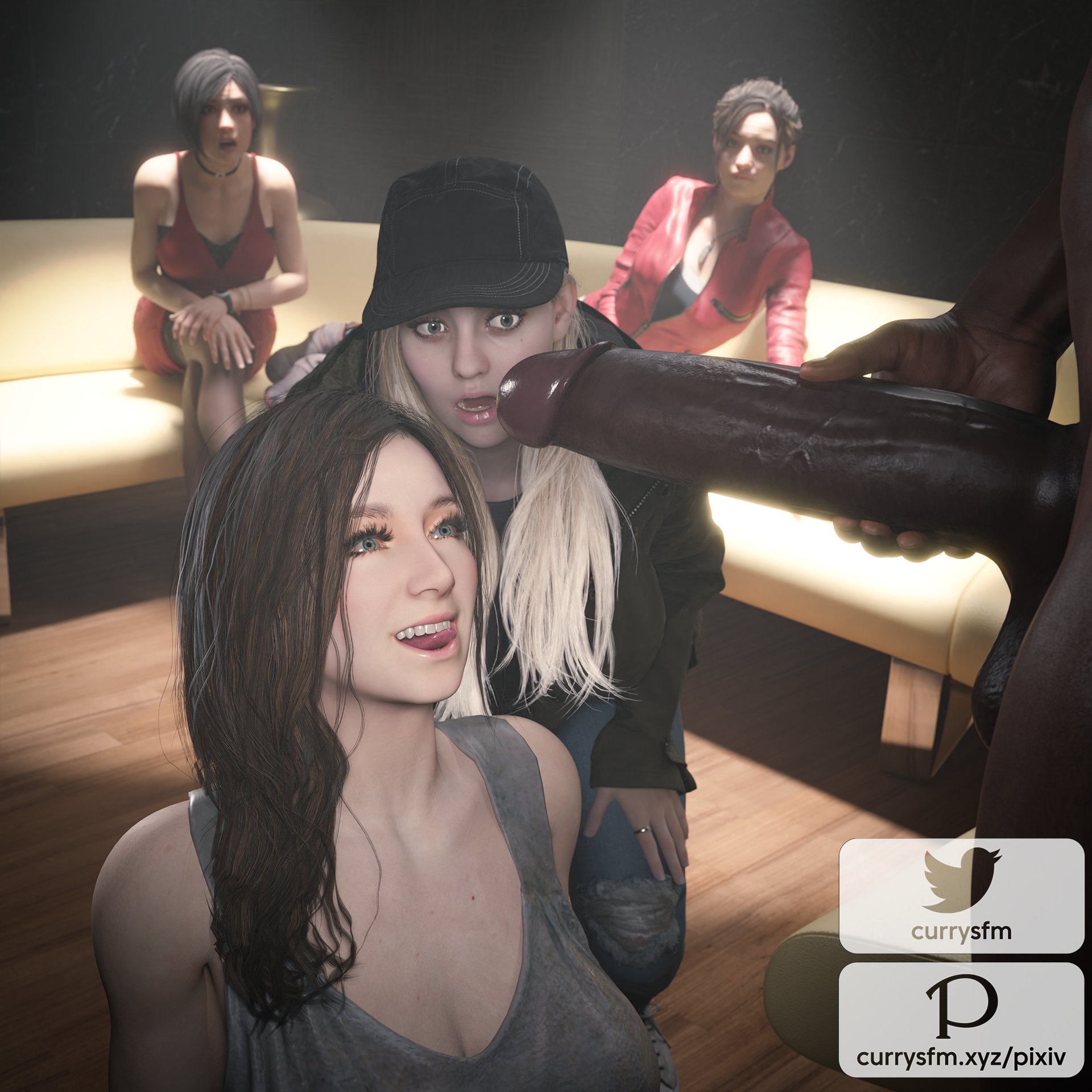 1boy, 3d, 4girls, ada wong, asian, asian female, big penis, breasts, capcom, claire redfield, currysfm, dark skin, dark-skinned male, female, huge cock, interracial, large breasts, light skin, light-skinned female, male, mia winters, milf, mother and daughter, oyakodon, penis, resident evil, resident evil 2, resident evil 2 remake, resident evil 8: village, rosemary winters
