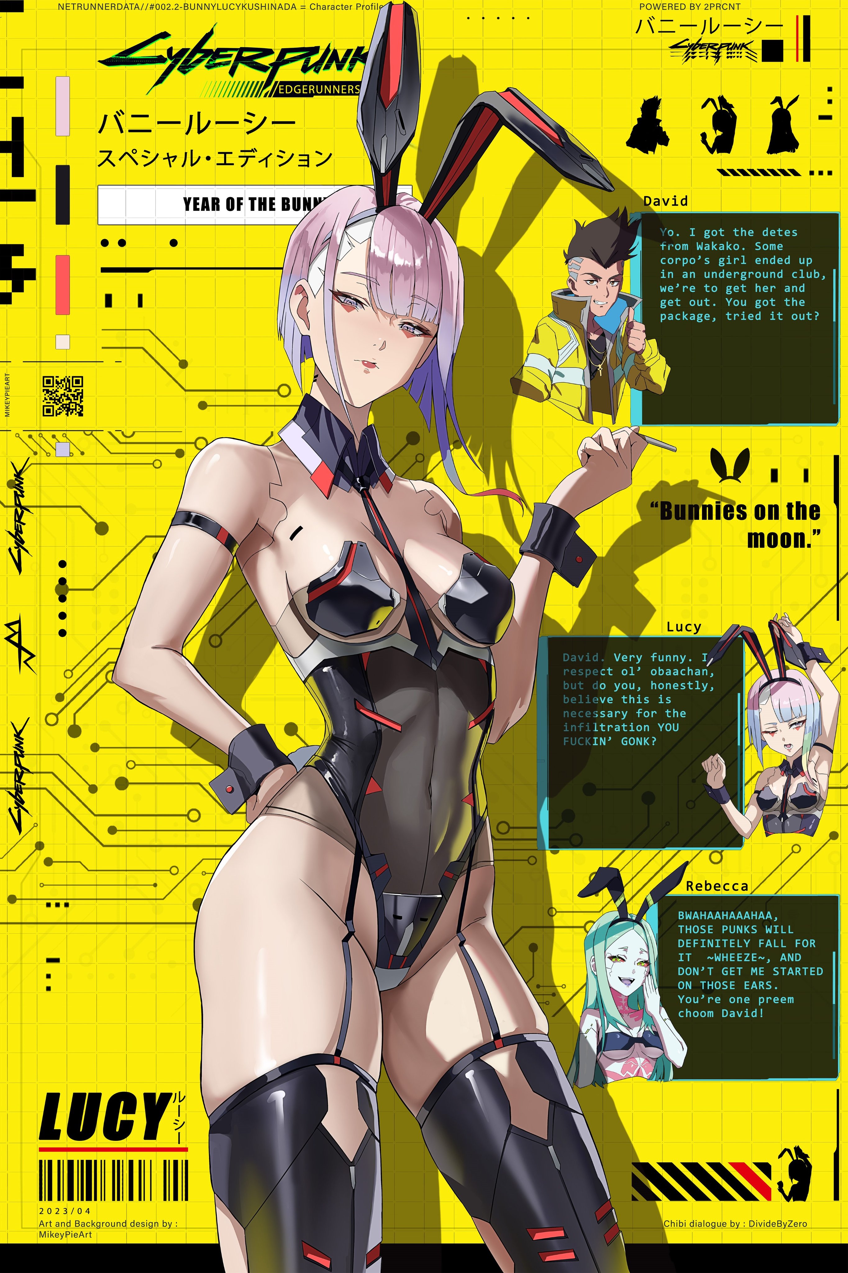 1boy, 2girls, breasts, bunny ears, bunnysuit, cd projekt red, cybernetics, cyberpunk 2077, cyberpunk: edgerunners, david martinez (edgerunners), dialogue, female, female focus, lucyna kushinada, male, mikeypieart, netflix, rebecca (edgerunners), small breasts, studio trigger, thick thighs, year of the bunny, year of the rabbit