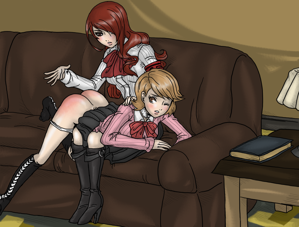 colakun couch female mitsuru_kirijo one_eye_closed over_the_knee_spanking persona persona_3 punishment_spanking red_butt reddened_butt spank_marks spanked_butt spanking spanking_butt yukari_takeba