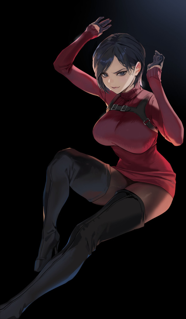 ada wong, asian, asian female, big breasts, biohazard, black gloves, boots, breasts, capcom, female, female only, gloves, hands up, high heel boots, pantyhose, red clothing, red dress, resident evil, resident evil 4, resident evil 4 remake, short dress, shoulder holster, sweater, sweater dress, thick thighs, thigh boots, thighhigh boots, tight dress, upskirt, yakiuni