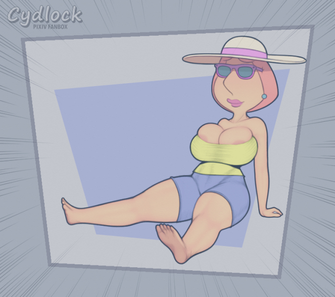 1girls areolae_peeking big_breasts cydlock earrings family_guy feet female female_only hat huge_breasts large_breasts lois_griffin milf red_hair relaxing shirt shorts sitting sitting_down solo summer_hat sunglasses tagme tight_clothing tight_fit tight_shirt topwear yellow_shirt