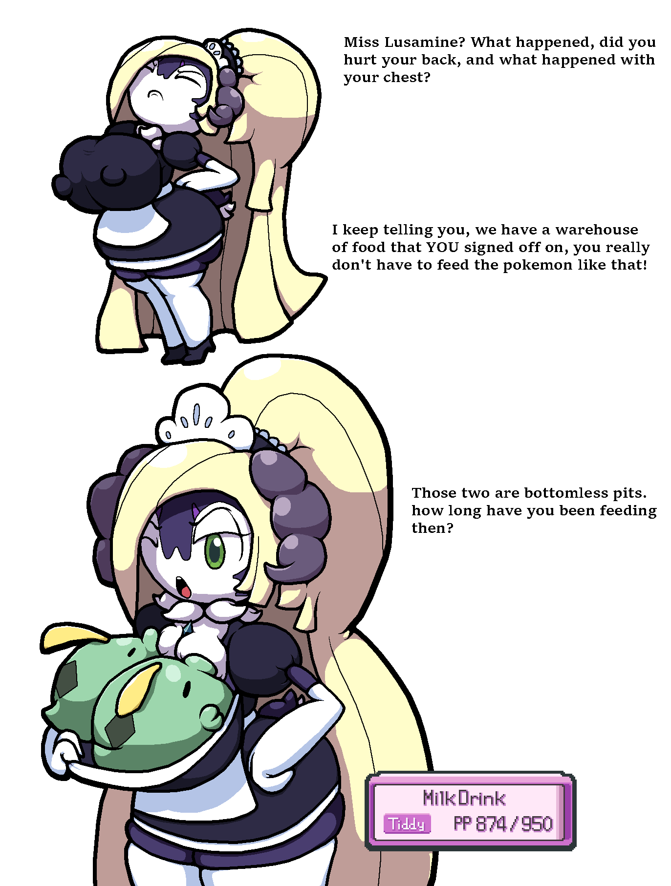 anthro blonde_hair breast_feeding breast_sucking chabble fake_breasts furry green_eyes gulpin indeedee inside_clothing long_hair lusamine_(pokemon) maid_headdress maid_uniform pokémon_(species) pokemon pokemon_sm pokemon_ss post_transformation transparent_background