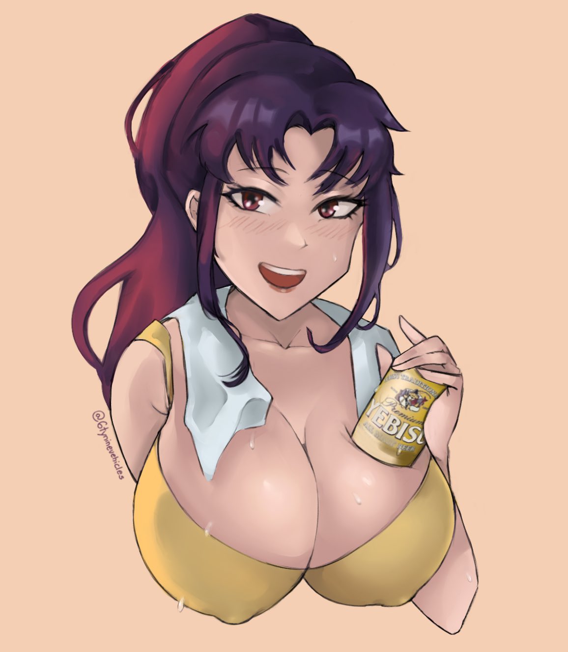 1girls 6tyninevehicles alcohol bangs beer beer_can big_breasts blush blush_lines breasts eyebrows_visible_through_hair flushed fringe hair_up happy holding_beer holding_beverage holding_can holding_object looking_at_viewer misato_katsuragi neon_genesis_evangelion open_mouth ponytail pressing_breasts purple_eyes purple_hair raised_eyebrows red_eyes smile smiling smiling_at_viewer smooth_skin solo solo_female solo_focus sweat sweatdrop sweating tank_top towel towel_around_neck visible_nipples visible_teeth yebisu yellow_clothing yellow_tank_top