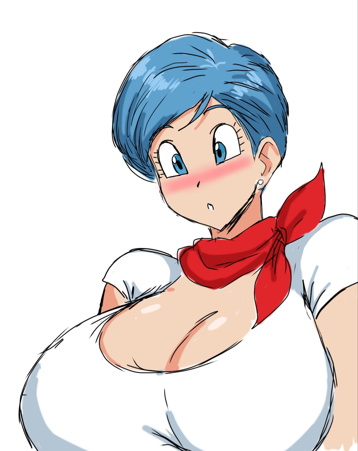 big boobs, blue eyes, blue hair, blue-eyed female, blue-haired female, blush, blushing, breasts, bulma briefs, dragon ball, dragon ball super, dragon ball z, female, milf, momiji (artist), toei animation, white background, white shirt