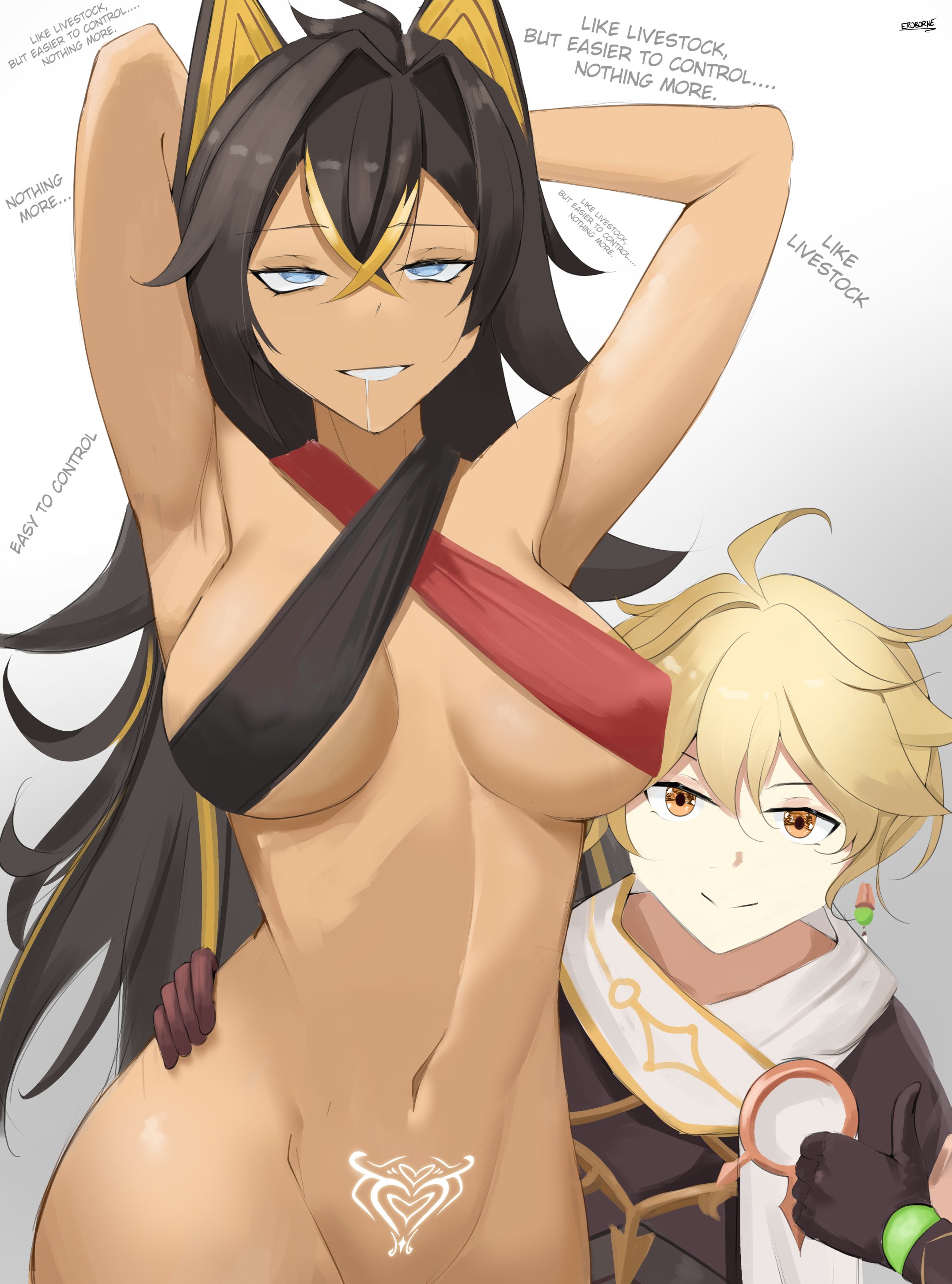1boy, 1girls, aether (genshin impact), almost naked, collar, color, dark skin, dark-skinned female, dehya (genshin impact), drawing, eroborne, female, genshin impact, gloves, imminent sex, interracial, male, mihoyo, mind control, slave, taller female, tattoo