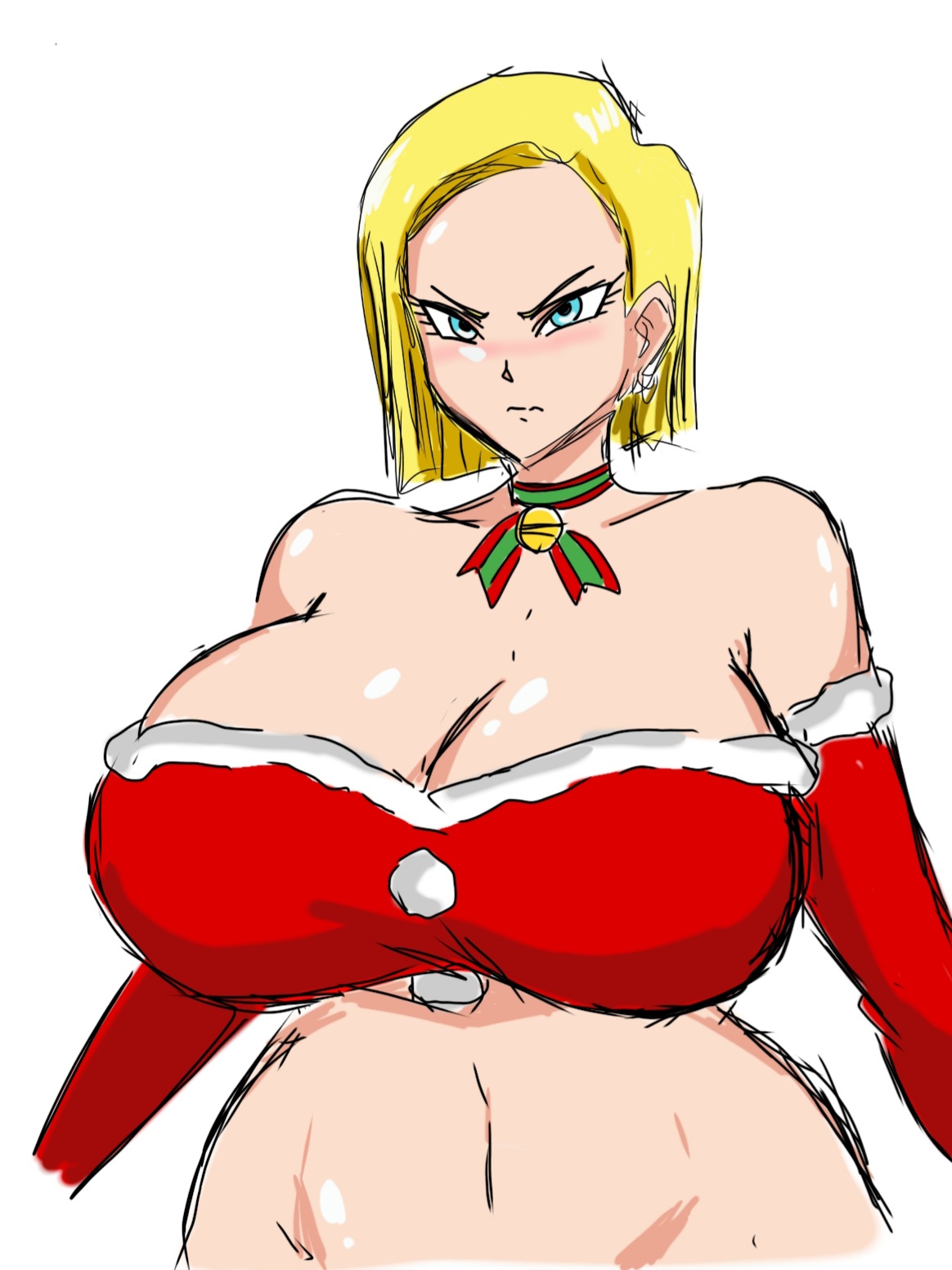 1girls, android 18, blonde hair, blonde-haired female, christmas, christmas outfit, dragon ball, female, female only, momiji (artist), simple background, sketch, solo, solo female, white background, wide hips
