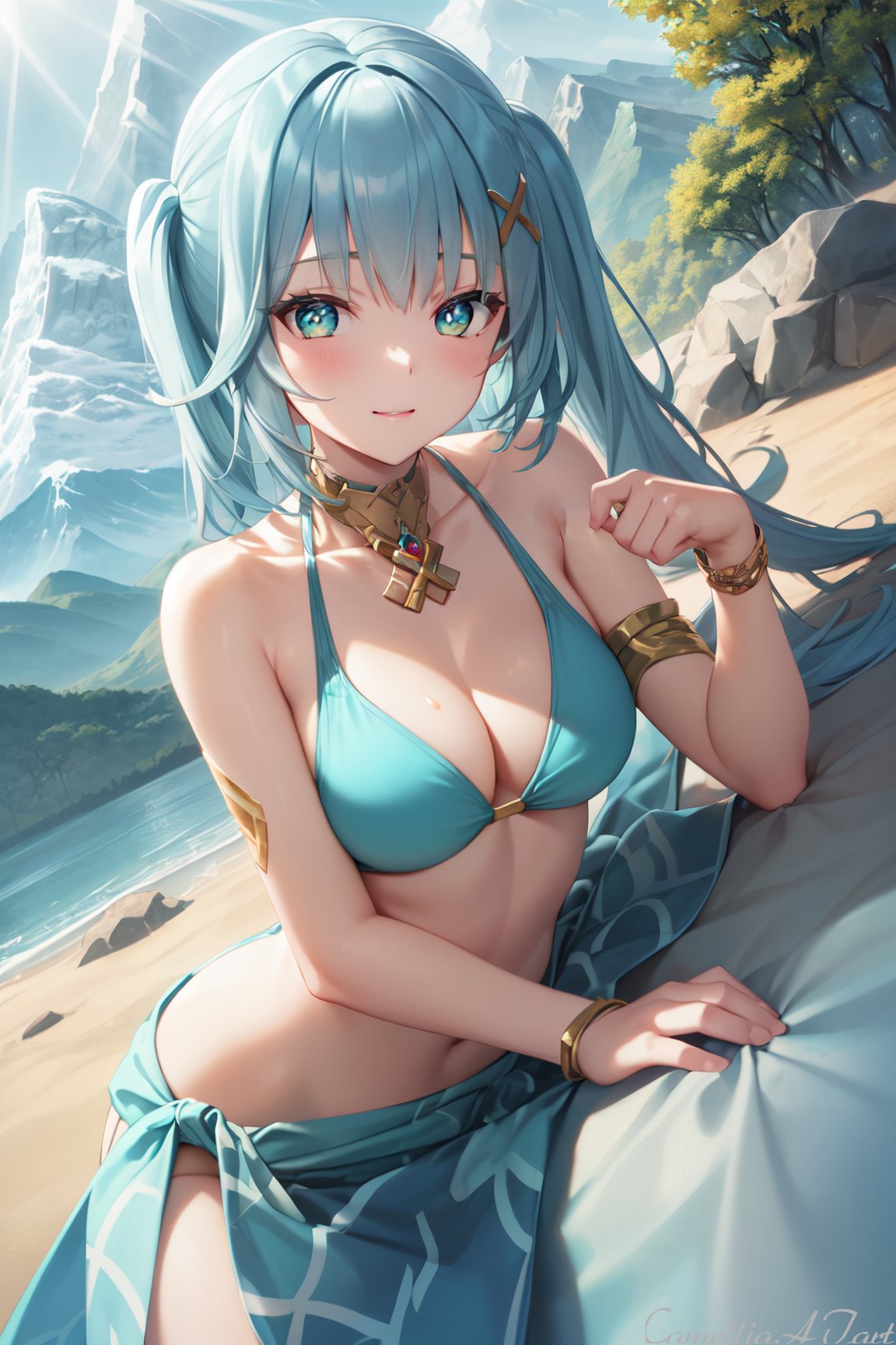 1girls, ai generated, aqua hair, beach, bikini, breasts, faruzan (genshin impact), female, genshin impact, nai diffusion, stable diffusion