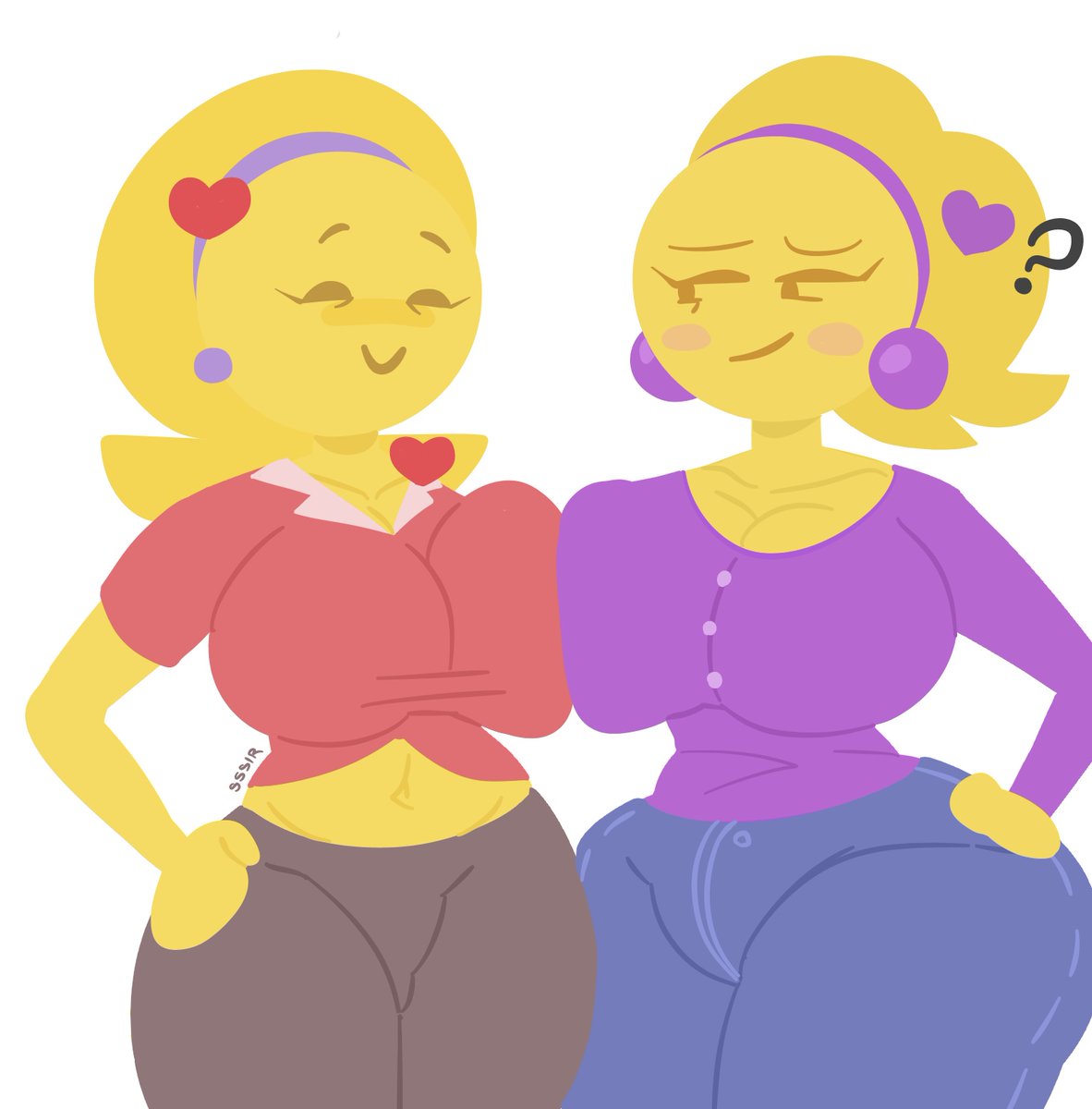 2girls ? accessory anthro ass ass_to_ass ass_visible_through_thighs asymmetrical_docking belly_button big_ass big_breasts blush blush_stickers breast_press breast_squeeze breast_to_breast breasts clothing earrings emoji_(race) emoji_milf emojifam_(sssir8) female female_only females females_only heart huge_breasts large_breasts mature_female milf mob_face moonraige moonstadew mother ms._bethany multiple_girls no_outlines ponytail question_mark slobbyslapper smile sssir sssir8 thick_thighs thigh_highs tight_clothing tight_pants top_heavy wide_hips yellow_body yellow_skin