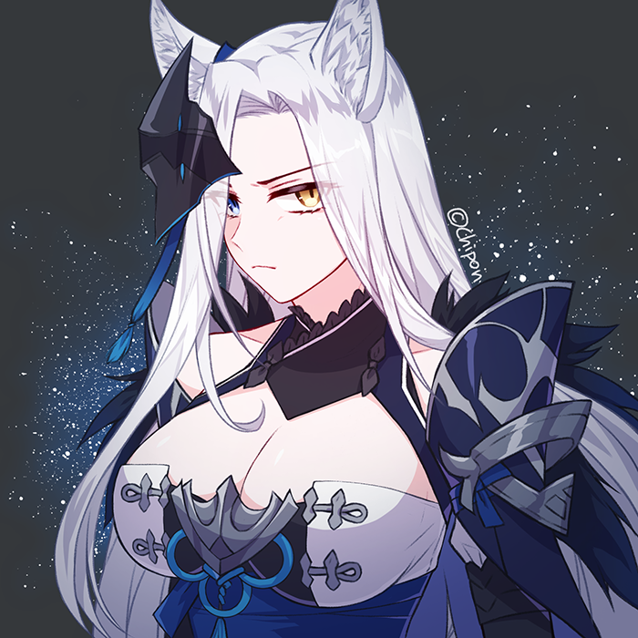 big_breasts blue_eyes curvy epic7 furry peira_(epic7) white_hair wolf_ears wolf_girl yellow_eyes