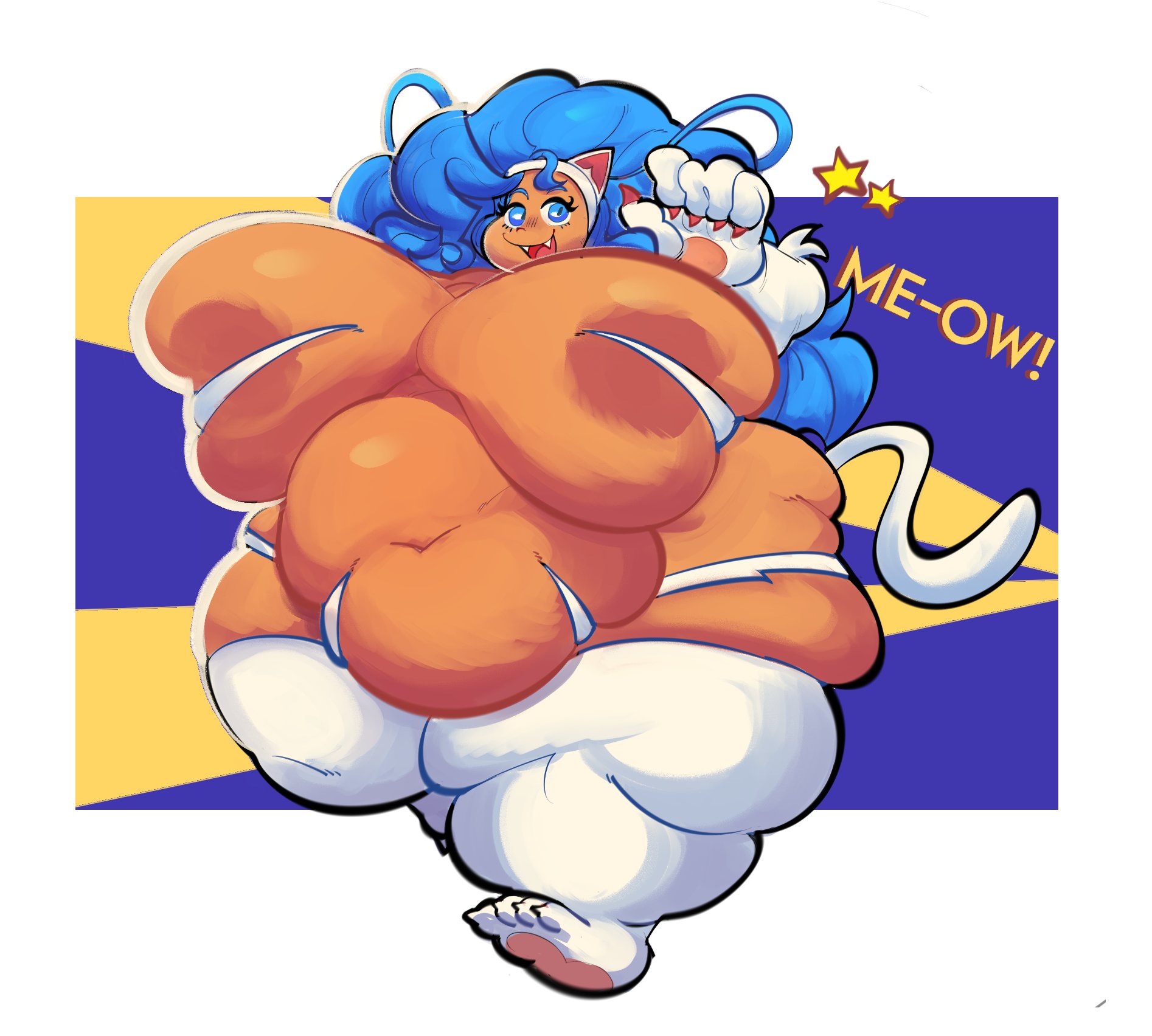 1girls, 5 fingers, animal humanoid, areola, areola slip, ass, ass bigger than head, belly, belly bigger than head, big belly, big breasts, blue eyes, blue hair, boxmingle, breasts, breasts bigger than head, capcom, cat humanoid, darkstalkers, fangs, fat, felicia, felicia (darkstalkers), felid, felid humanoid, feline, feline humanoid, female, fingers, gigantic breasts, hair, hi res, huge ass, huge breasts, huge butt, humanoid, large breasts, long hair, looking at viewer, mammal, mammal humanoid, obese, obese female, obese humanoid, open mouth, overweight, overweight female, overweight humanoid, simple background, solo, tan, tan body, tan skin, tan-skinned female, text, thick ass, thick thighs, thighs bigger than head, white tail, wide, wide ass, wide hips, wide thighs