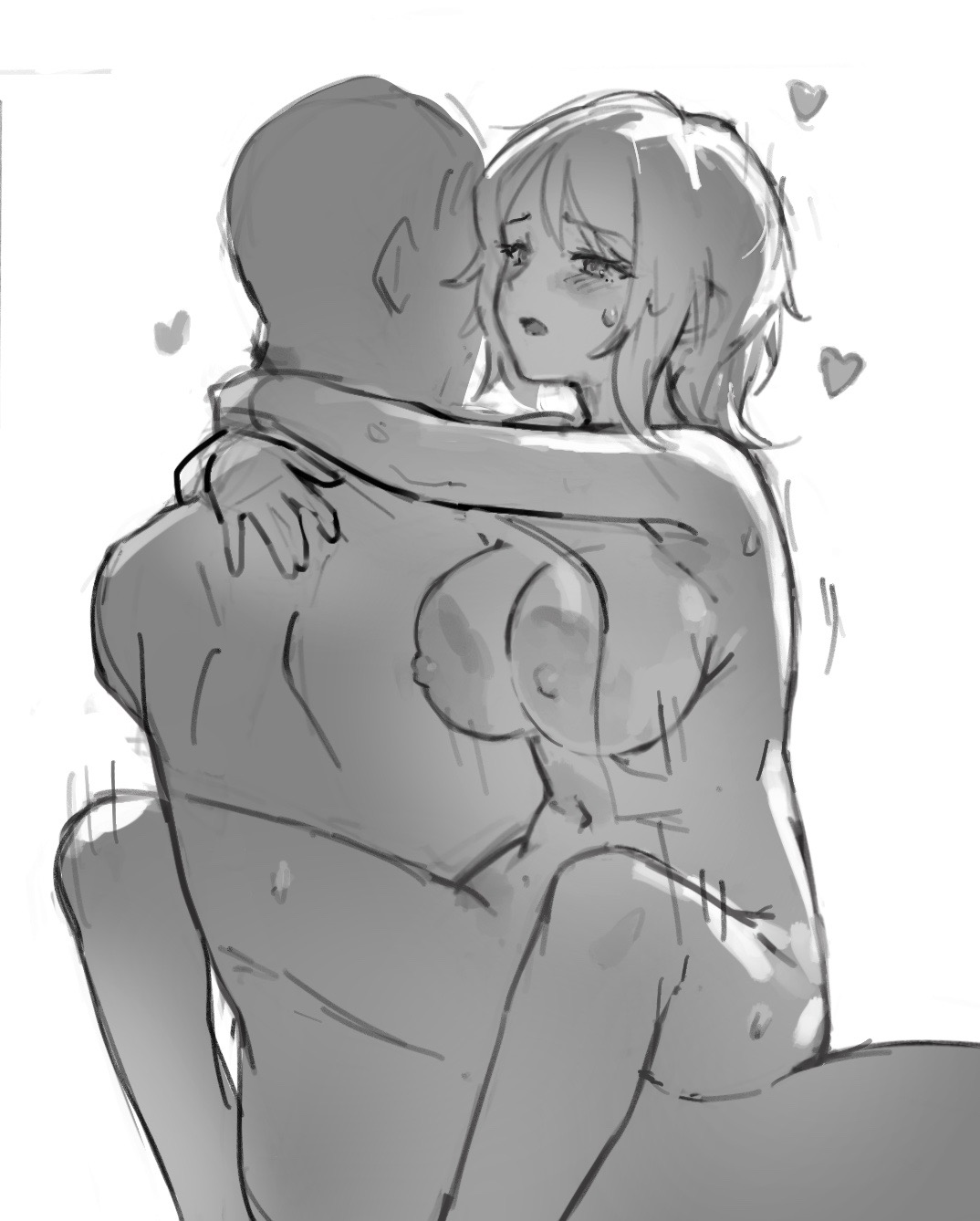 1boy, 1girls, ambiguous penetration, bald, black and white, blush, dark-skinned male, faust (limbus company), female, floating heart, hands around neck, limbus company, male, naked, project moon, sitting on lap