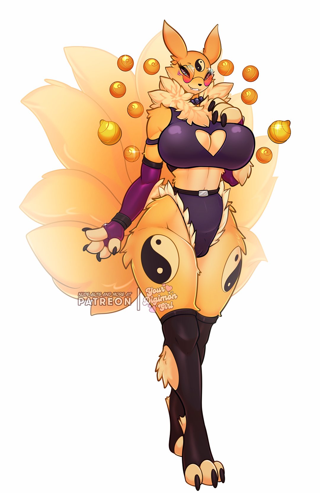 1girls, 2023, anthro, athletic, athletic female, bandai namco, big breasts, blue eyes, breasts, camel toe, cameltoe, claws, cleavage cutout, clothed, clothing, cutout, digi (yourdigimongirl), digimon, digimon (species), eyewear, female, furry, genital outline, glasses, hi res, huge breasts, kyubimon, legwear, midriff, multi tail, pince-nez, purple clothing, pussy, pussy outline, simple background, smile, solo, standing, stockings, sunglasses, tail, text, thick thighs, toeless legwear, torn clothing, torn legwear, torn stockings, white background, yourdigimongirl