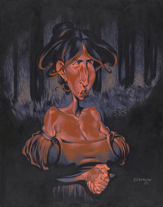 big_breasts butterface cleavage creepyseb dress forest_background hair_bun hair_up huge_breasts john_cebollero mature_female painting sagging_breasts ugly_female ugly_woman