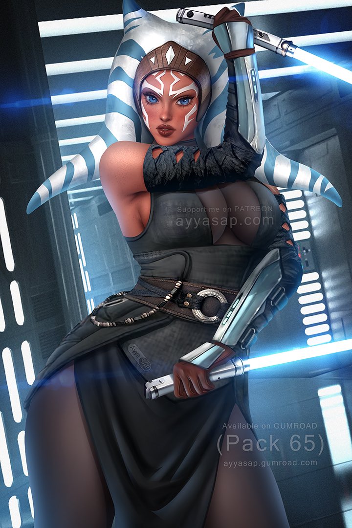 1girls ahsoka_tano alternate_version_available armwear ayyasap big_breasts blue_eyes dark_lipstick death_star female fit_female gloves high_resolution highres jedi jedi_master jedi_padawan jewelry lekku lightsaber looking_at_viewer orange_skin patreon patreon_reward purple_lingerie realistic_background realistic_textures star_wars stockings text the_mandalorian thick_hips thick_thighs togruta