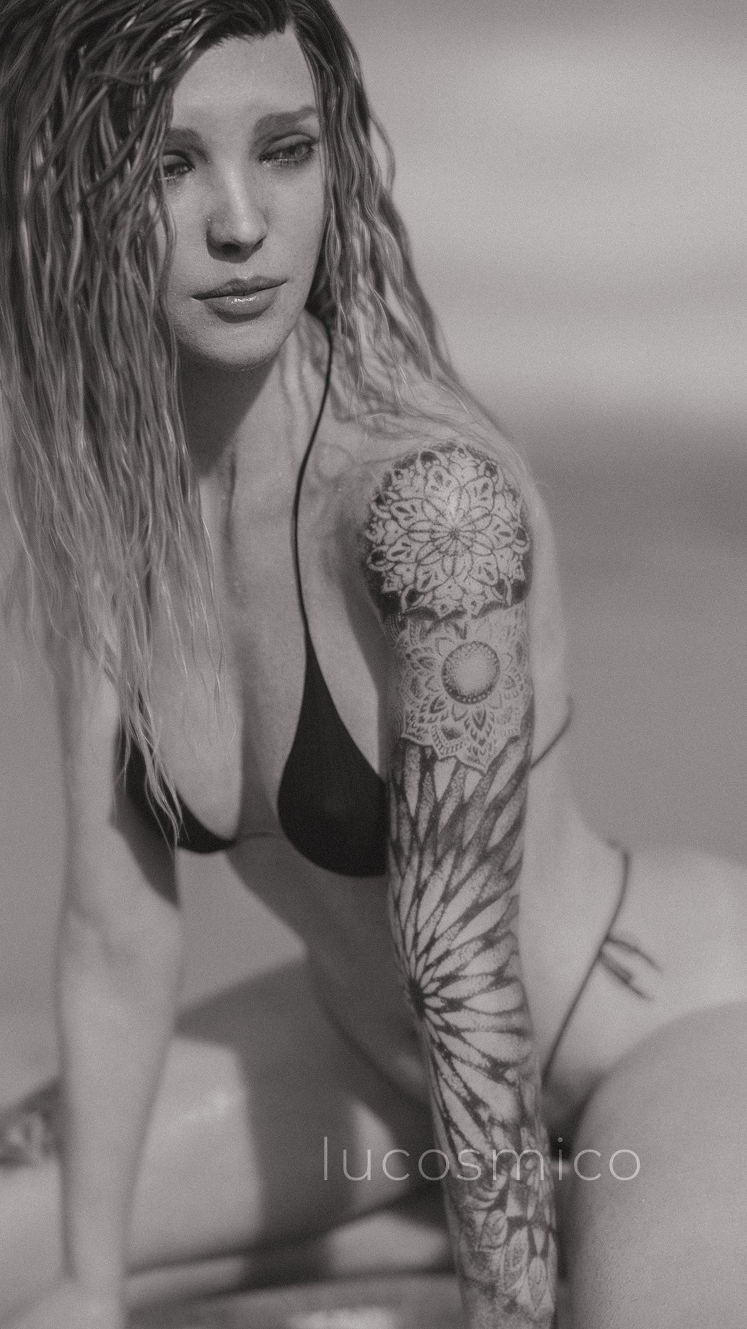 3d beach bikini bikini_bottom bikini_top black_and_white dbd dead_by_daylight female kate_denson lucosmico solo_female tagme tattoo tattooed_arm tattoos