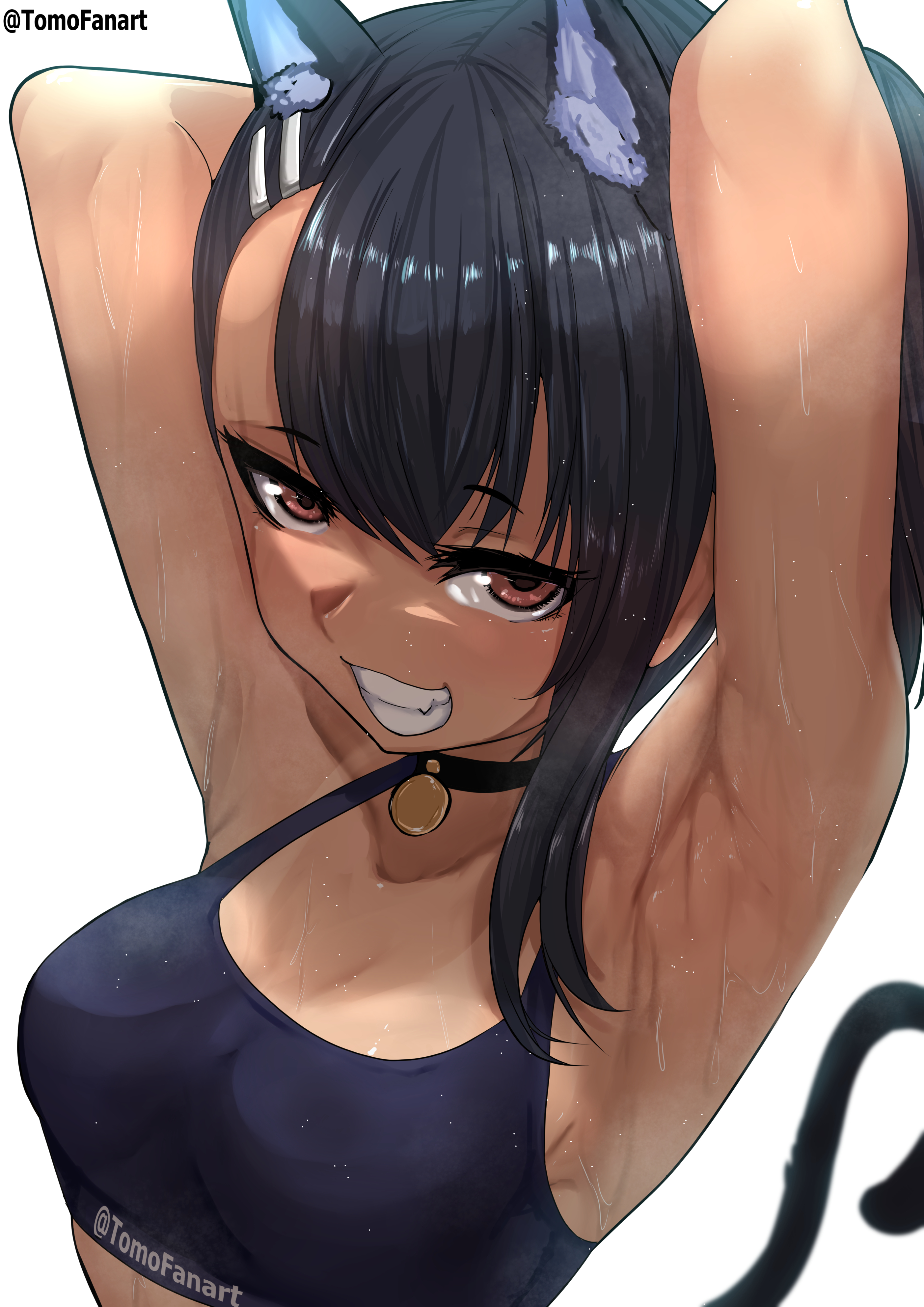 1girls, 2023, absurd res, animal collar, animal ears, armpits, arms behind head, arms up, black hair, breasts, brown eyes, cat ears, cat tail, choker, collar, female, female focus, grin, hair ornament, hayase nagatoro, hi res, looking at viewer, please don't bully me, nagatoro, red eyes, simple background, smile, solo, solo female, sports bra, sweat, sweaty armpits, tail, tan, teeth, tomodachi (tomofanart), toned, toned female, twitter username, upper body, white background