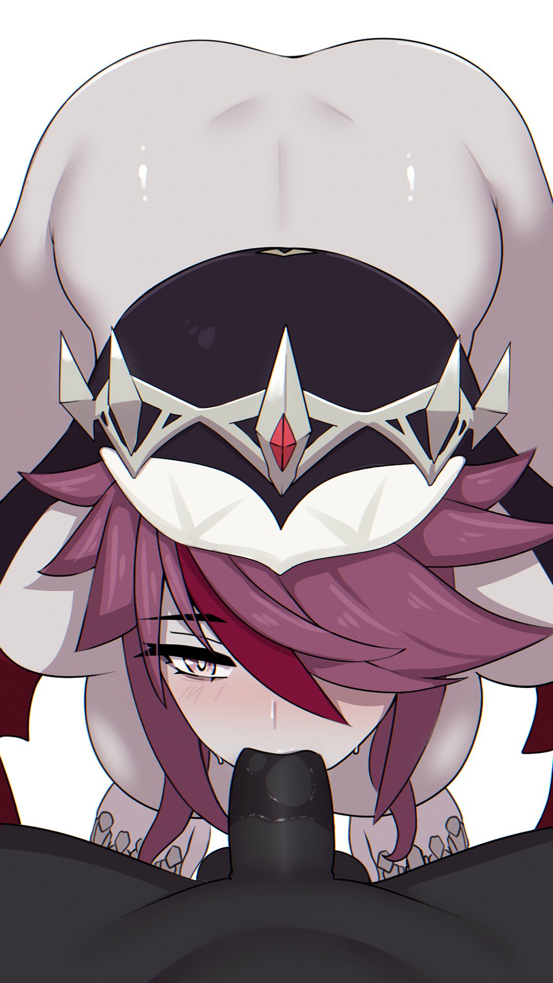 1boy, 1girls, 1monster, bent over, big breasts, blush, breasts, dimples of venus, female, feral pov, genshin impact, hair over one eye, headwear, hilichurls (species), interspecies, large breasts, light skin, light-skinned female, looking at viewer, magnifire, male, monster, multicolored hair, nude, oral, oral sex, pale skin, pale-skinned female, pink eyes, pov, red hair, rosaria (genshin impact), saliva, saliva trail, shiny skin, streaked hair, wholesome, wide hips